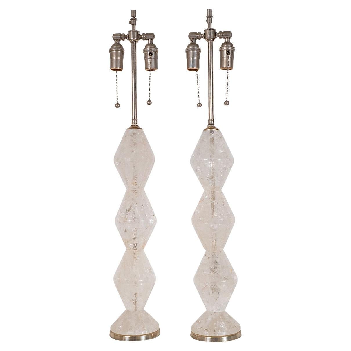 Pair of Stacked Diamond Rock Crystal Table Lamps For Sale