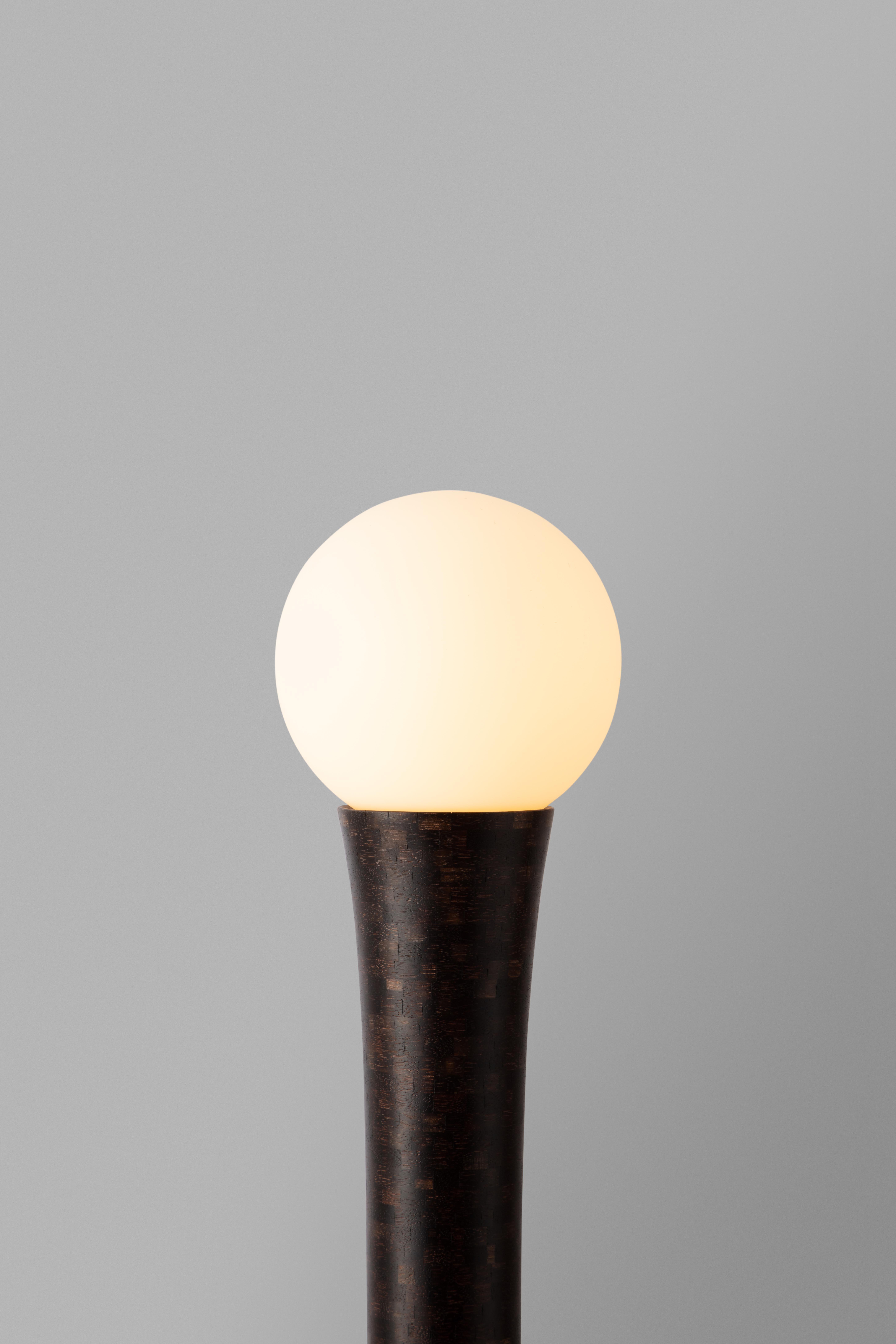 Moderne STACKED Wooden Floor Lamps by Richard Haines, Oxidized Walnut, Available Now (en anglais) en vente