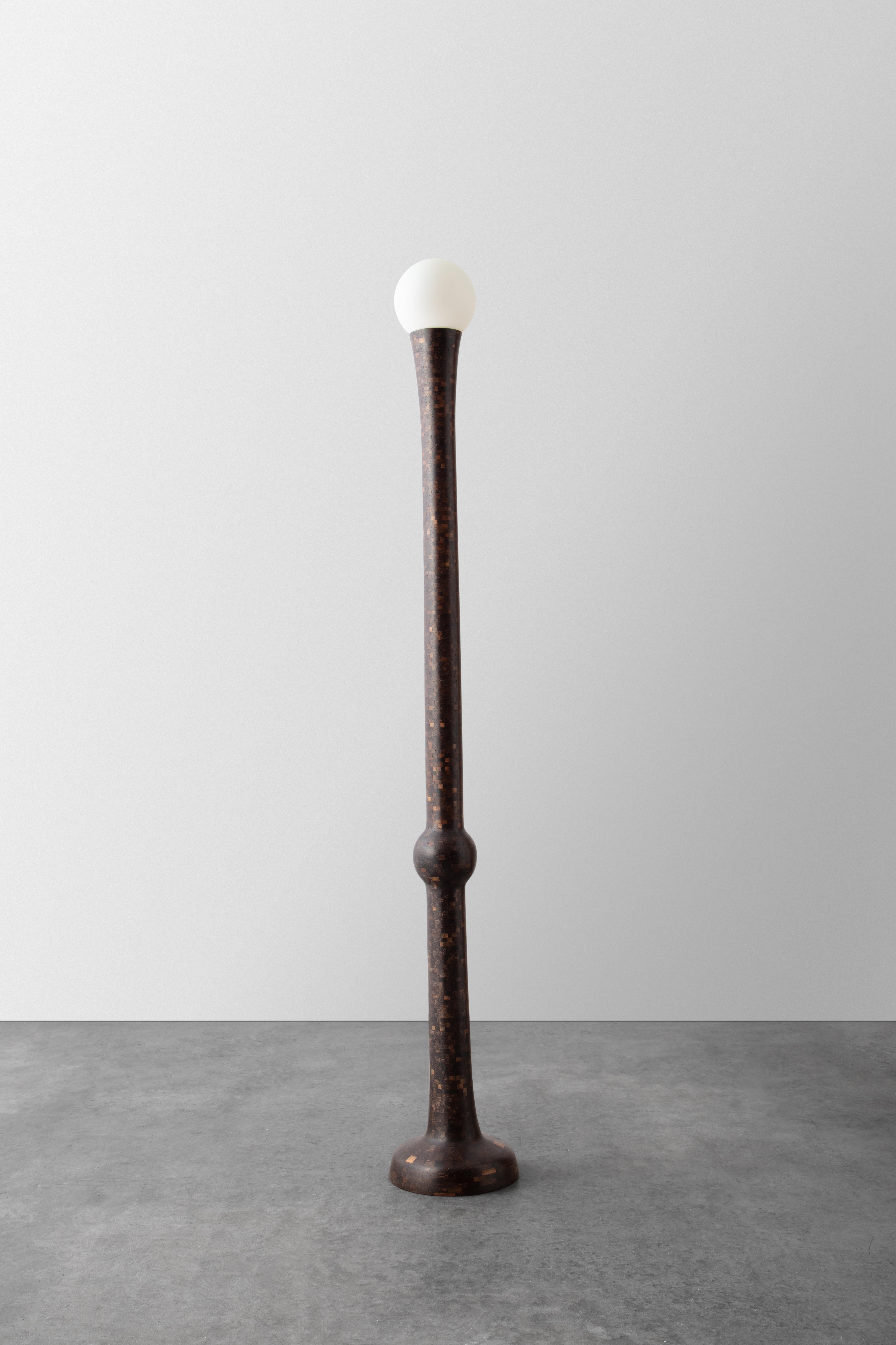 Carved STACKED Wooden Floor Lamps by Richard Haining, Oxidized Walnut, Available Now For Sale