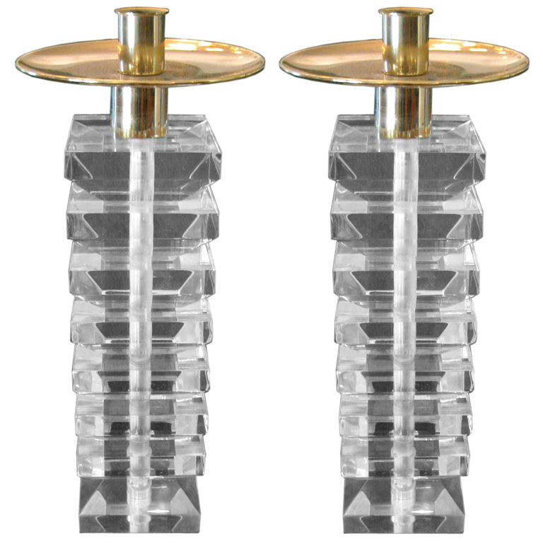Pair of Stacked Lucite and Brass Candlesticks