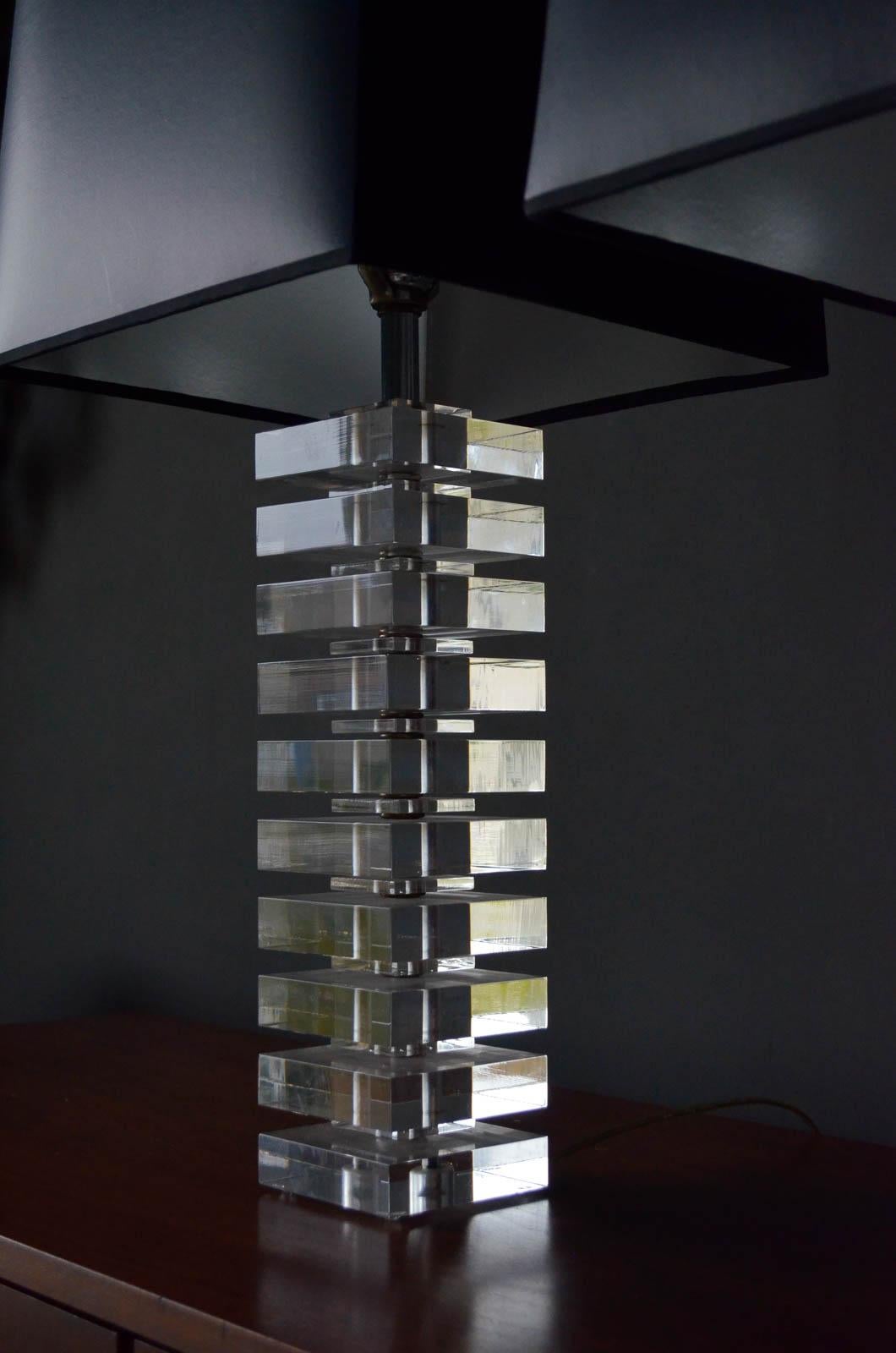 American Pair of Stacked Lucite Lamps in the Style of Karl Springer, Ca. 1970 For Sale