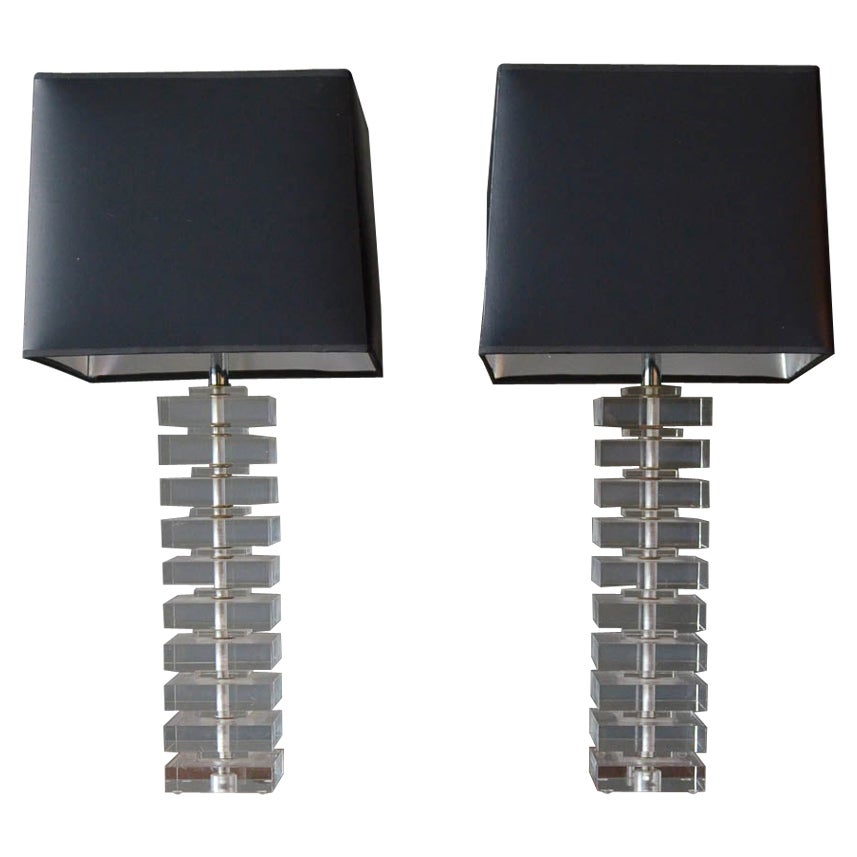 Pair of Stacked Lucite Lamps in the Style of Karl Springer, Ca. 1970 For Sale