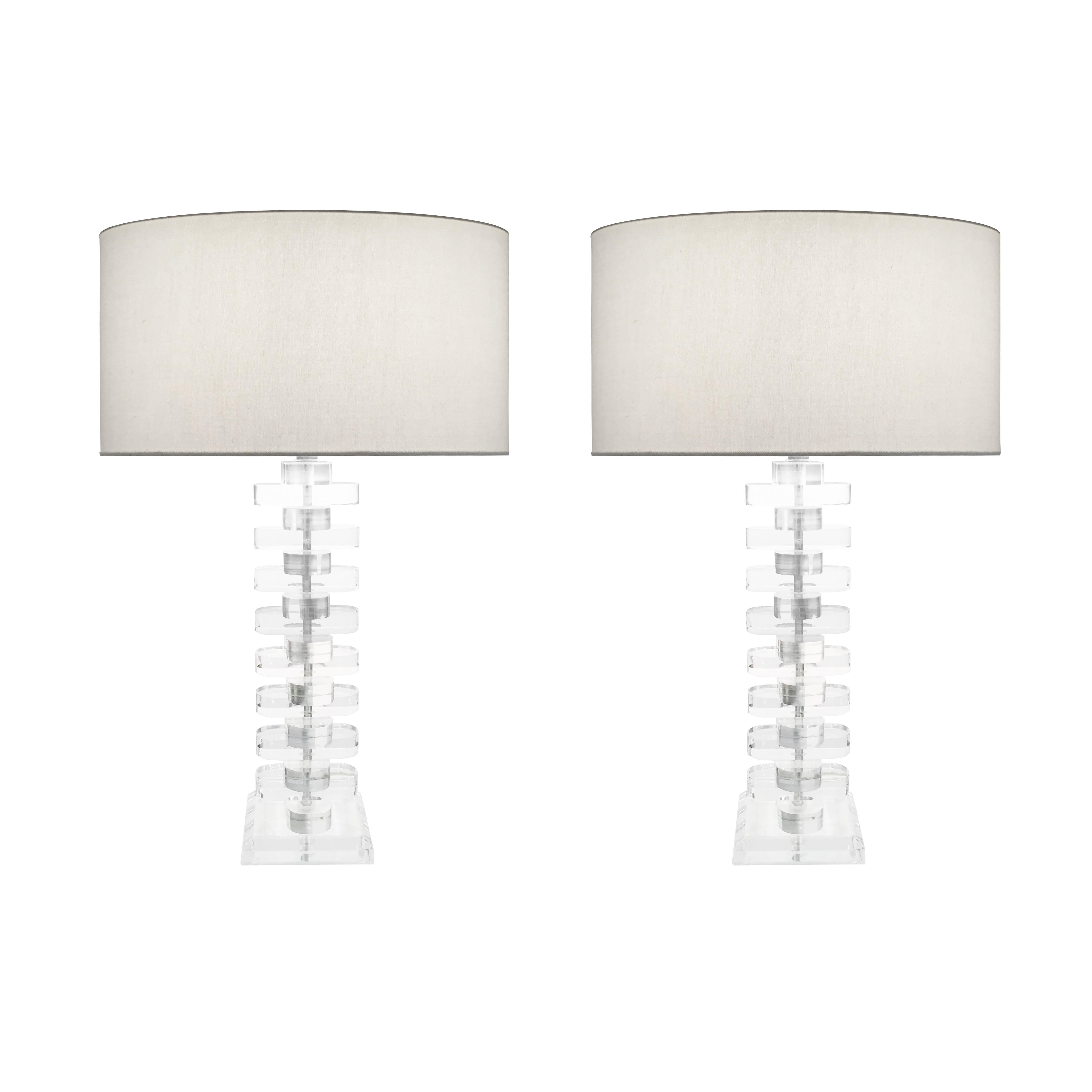 Pair of Stacked Lucite Table Lamps For Sale