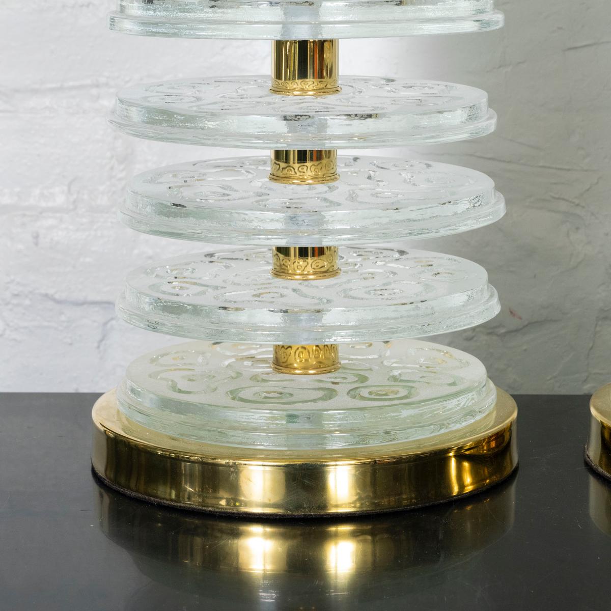 Italian Pair of stacked Murano glass disk table lamps For Sale