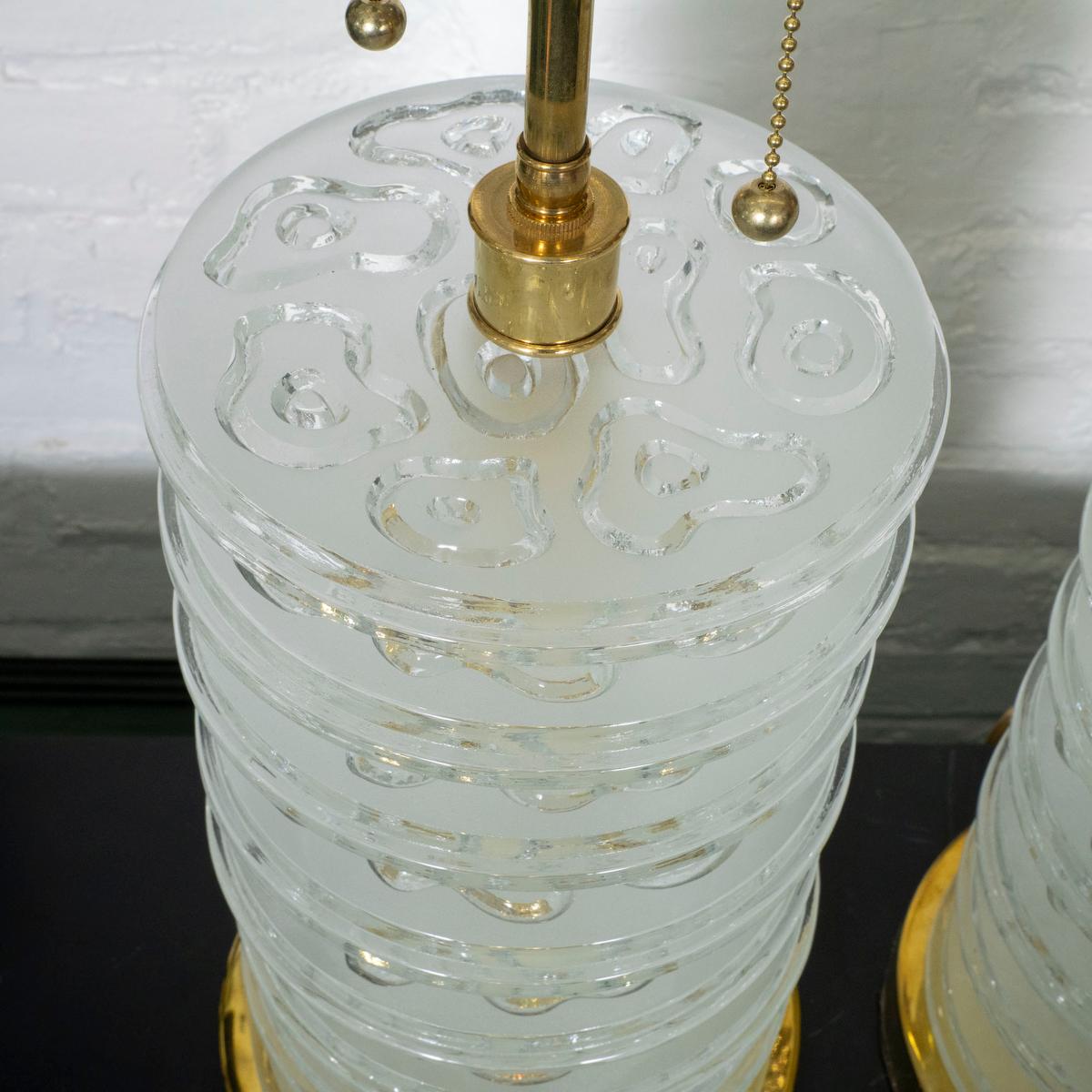 Pair of stacked Murano glass disk table lamps In Good Condition For Sale In Tarrytown, NY