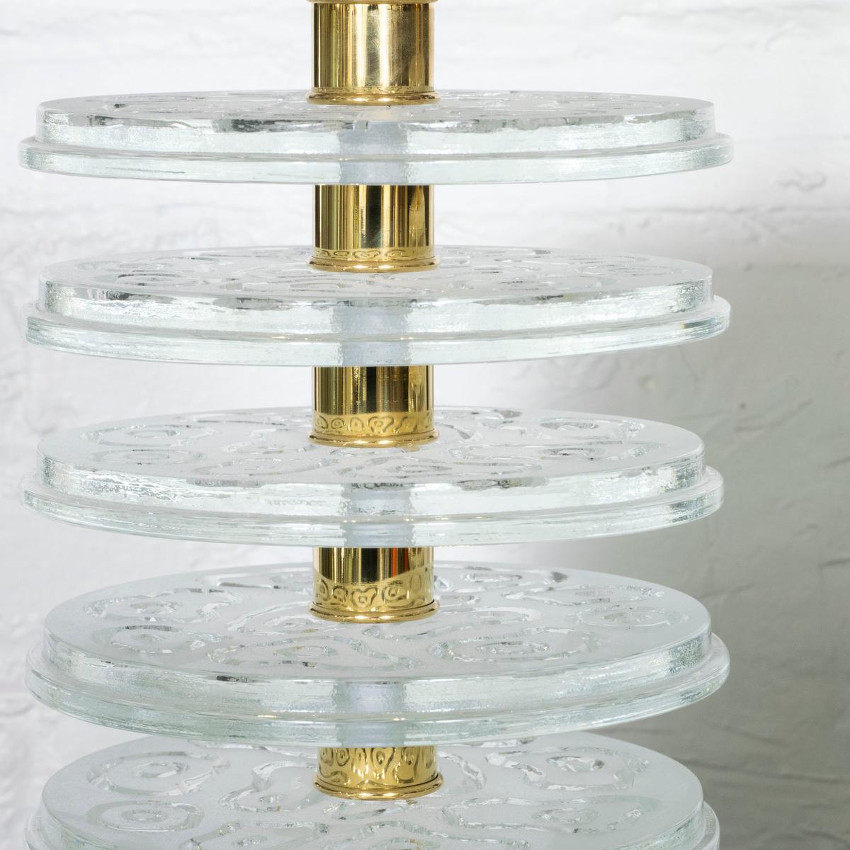 Brass Pair of stacked Murano glass disk table lamps For Sale