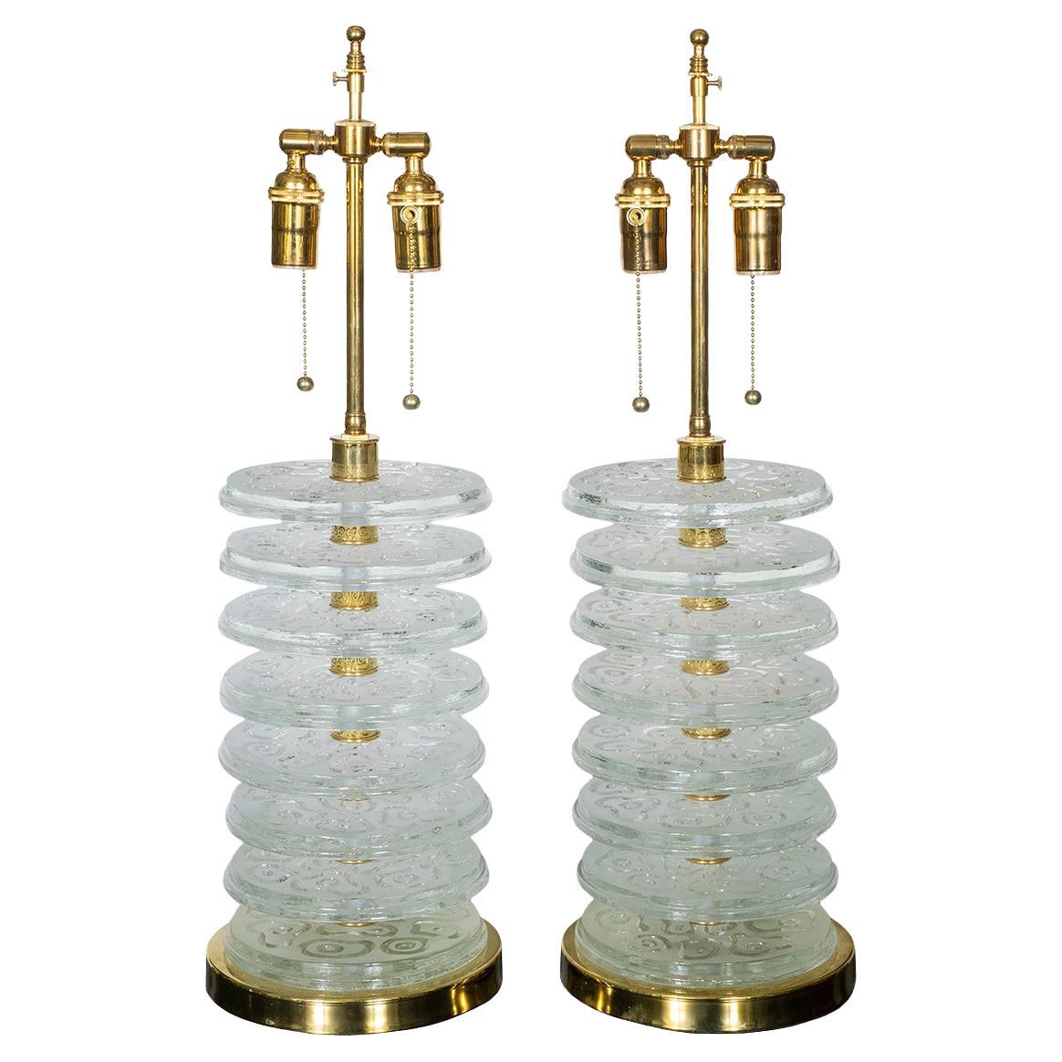 Paire de lampes de table empilées en verre de Murano