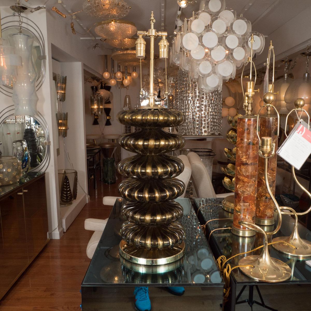 Pair of stacked, gold-flecked, Murano glass element table lamps.