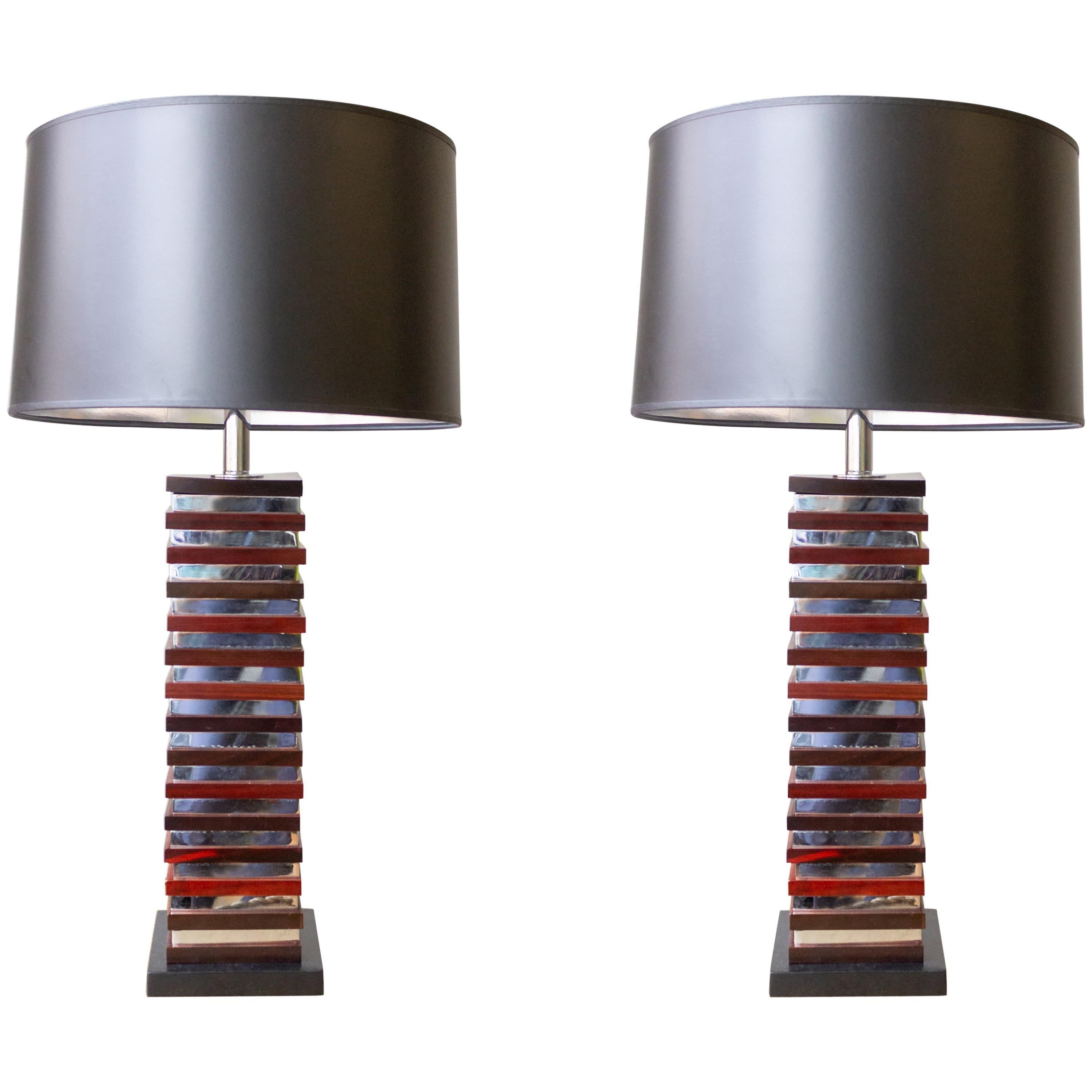 Pair of French Stacked Wood and Chrome Table Lamps