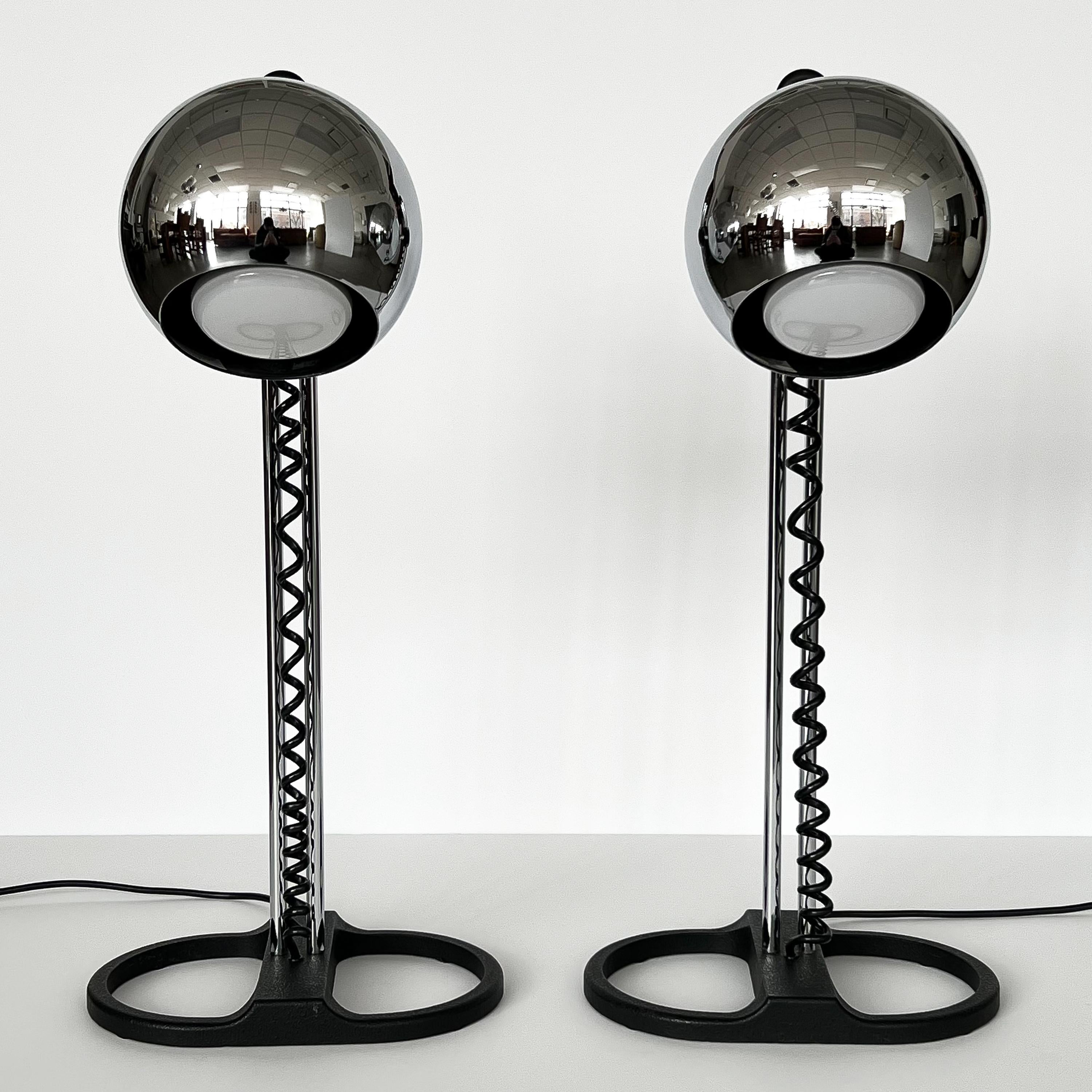 Blackened Pair of Staff Chrome Adjustable Eyeball Table Lamps 1970s