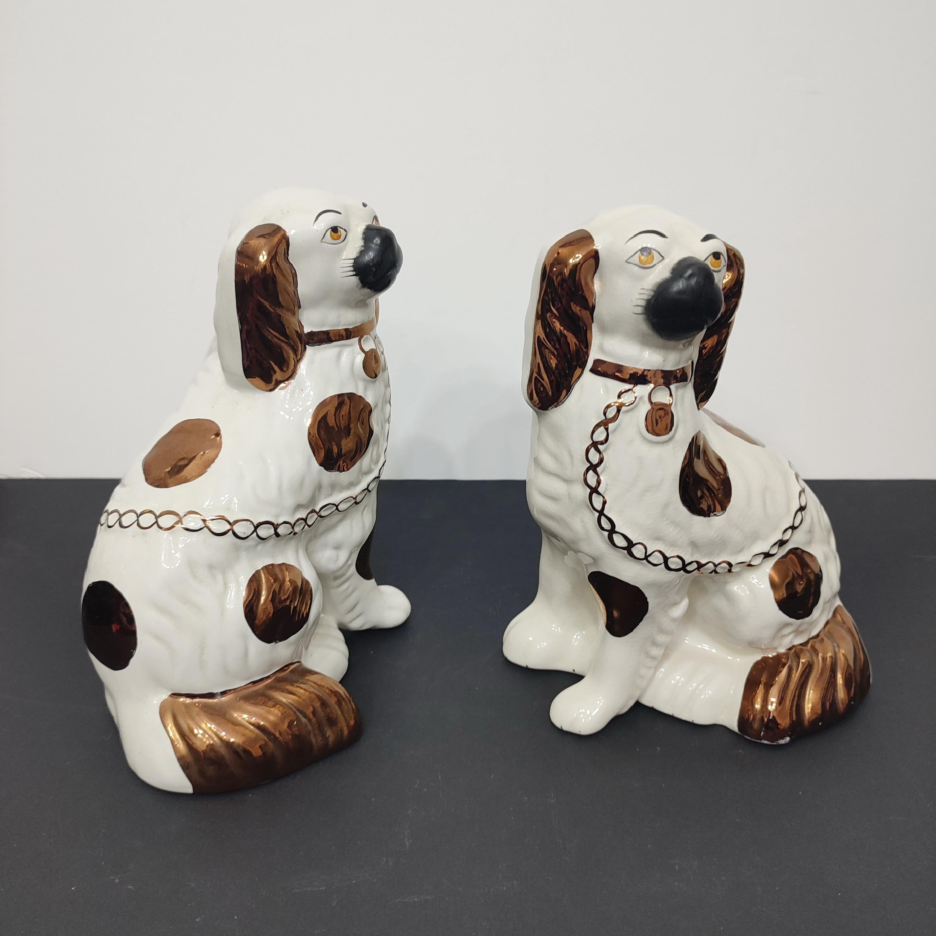 Late Victorian Pair of Staffordshire Copper Luster Dogs with Separated Legs