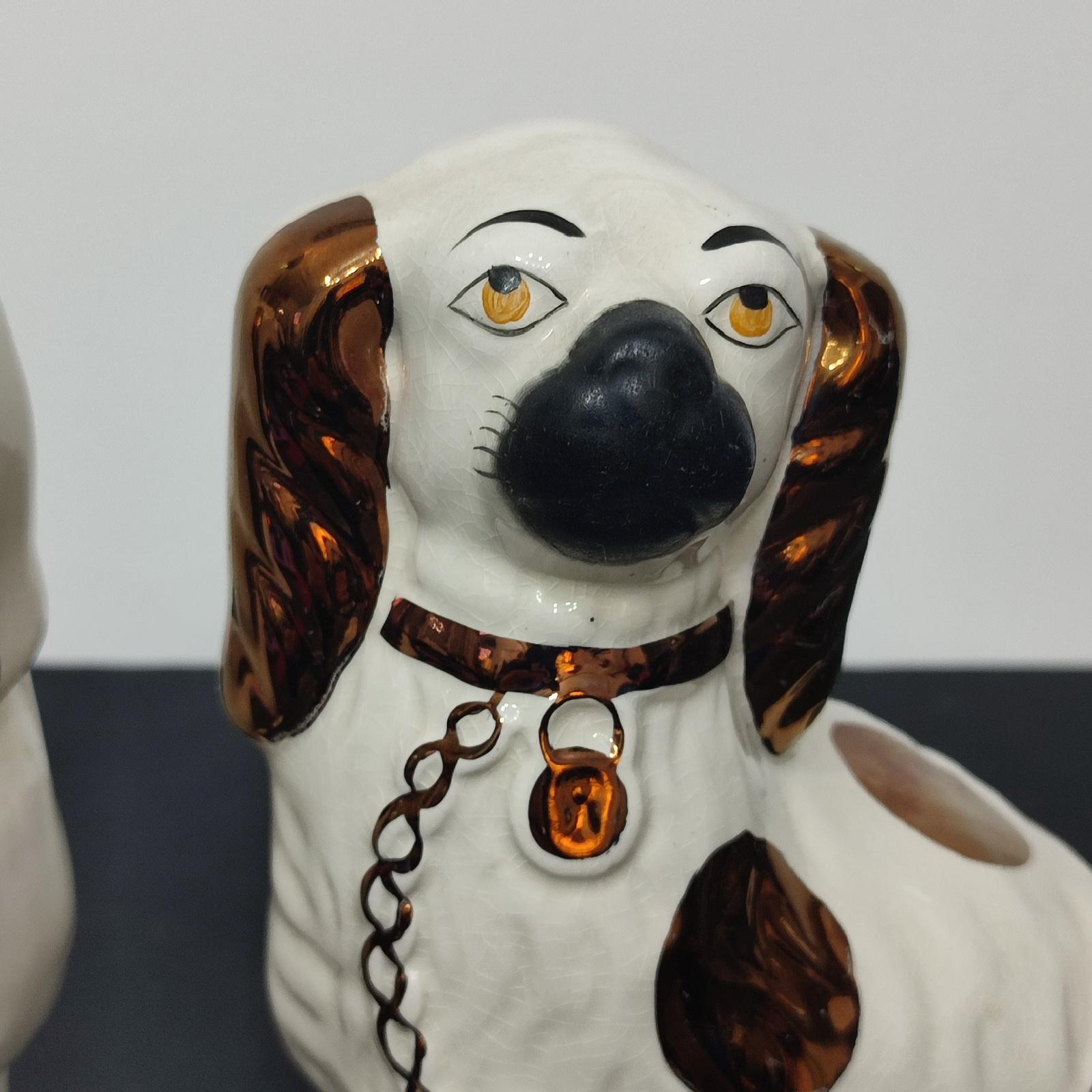Pottery Pair of Staffordshire Copper Luster Dogs with Separated Legs