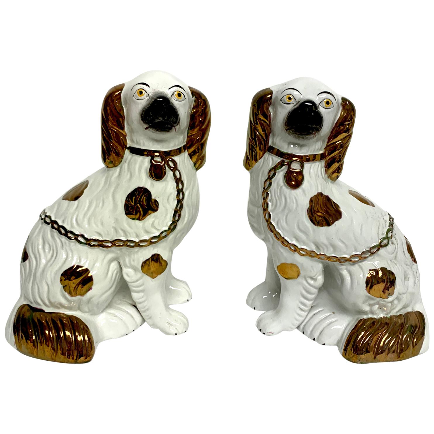 Pair of Staffordshire Copper Luster Dogs with Separated Legs, Taller