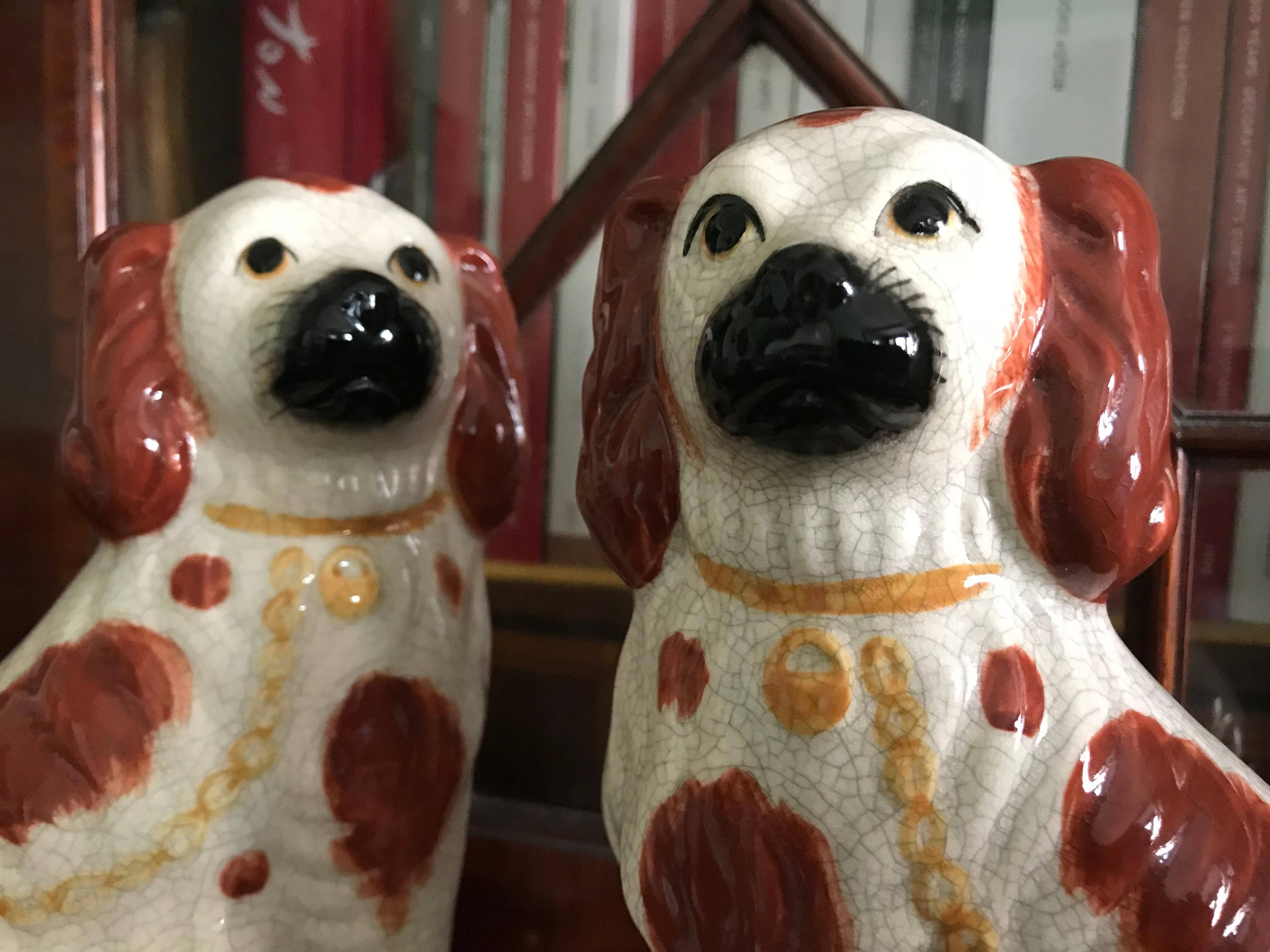 Victorian Pair of Staffordshire Dogs, with Bright Blue Base, Late 19th-Early 20th Century