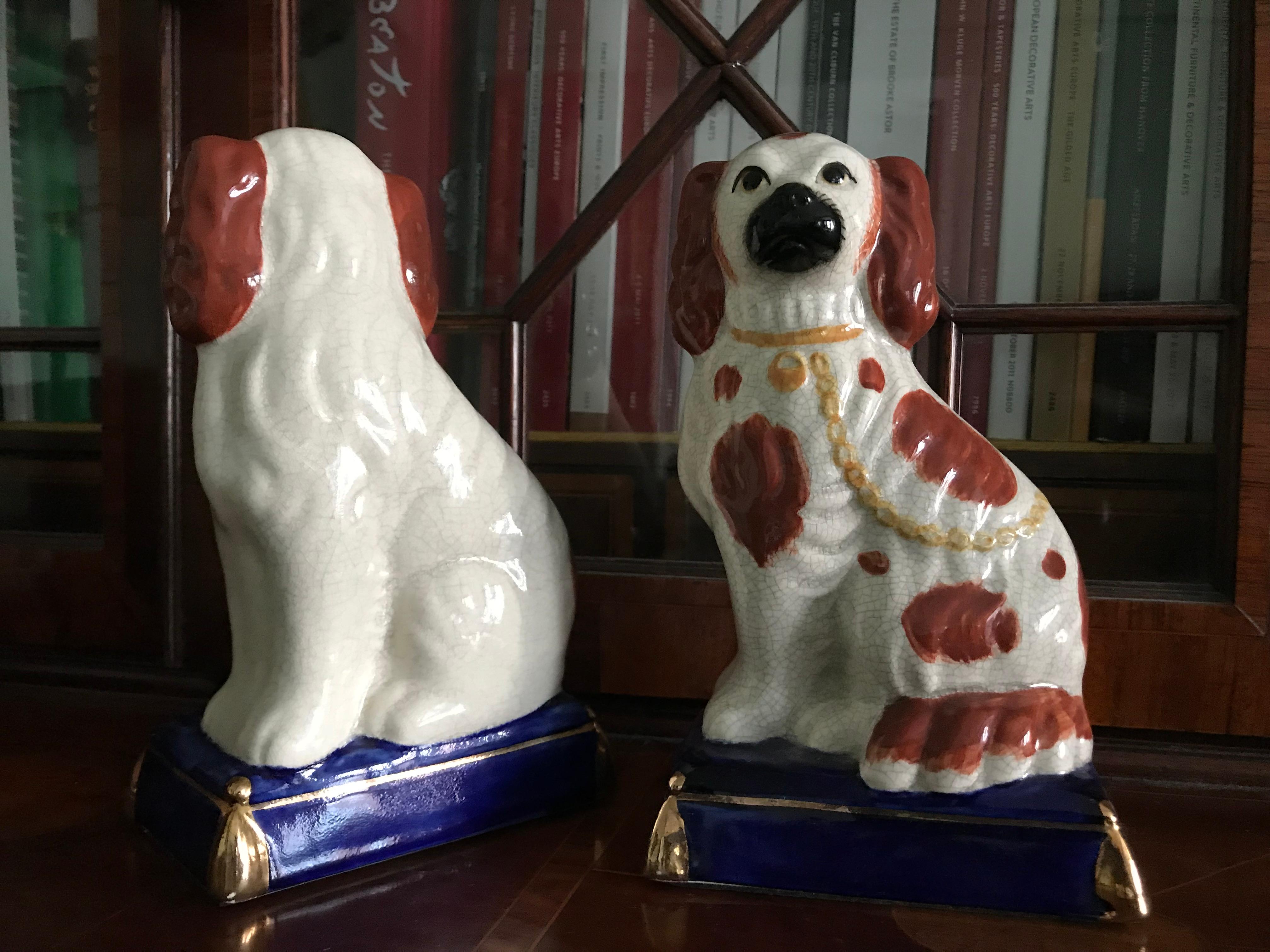 Molded Pair of Staffordshire Dogs, with Bright Blue Base, Late 19th-Early 20th Century