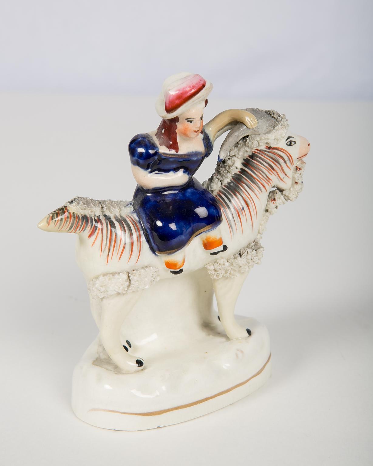 Pair Staffordshire Figures of Children Riding Goats circa 1880 In Excellent Condition In Katonah, NY