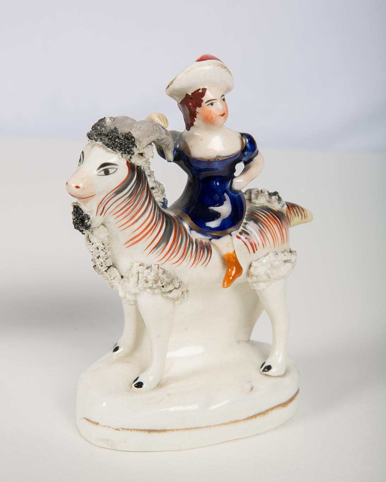 19th Century Pair Staffordshire Figures of Children Riding Goats circa 1880