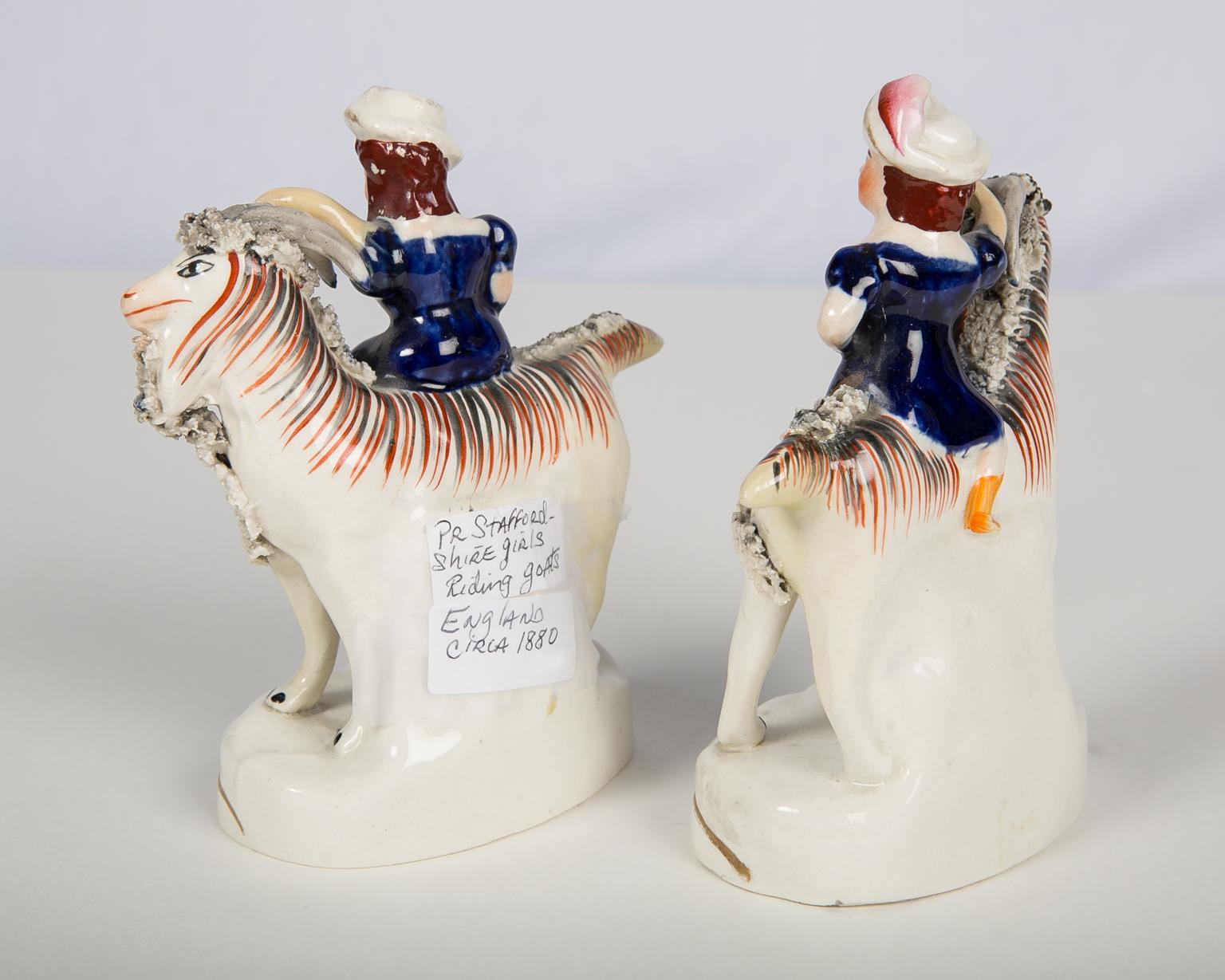 Pottery Pair Staffordshire Figures of Children Riding Goats circa 1880