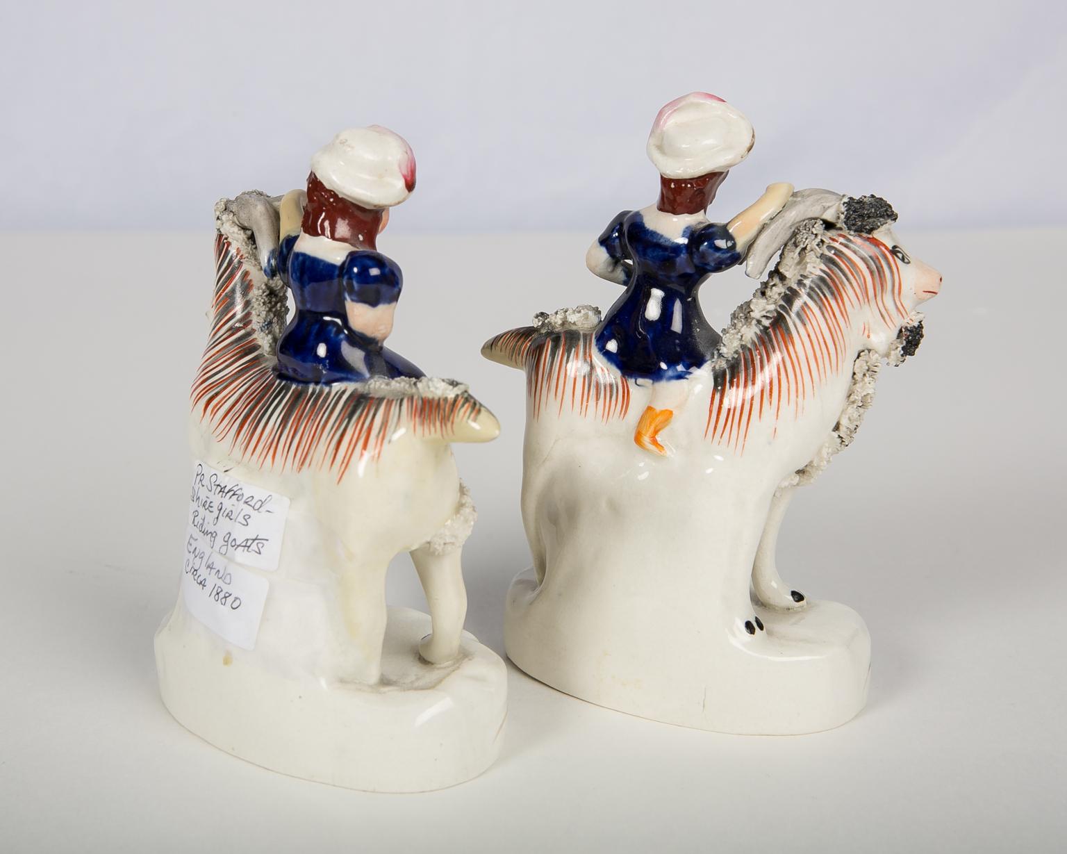 Pair Staffordshire Figures of Children Riding Goats circa 1880 1