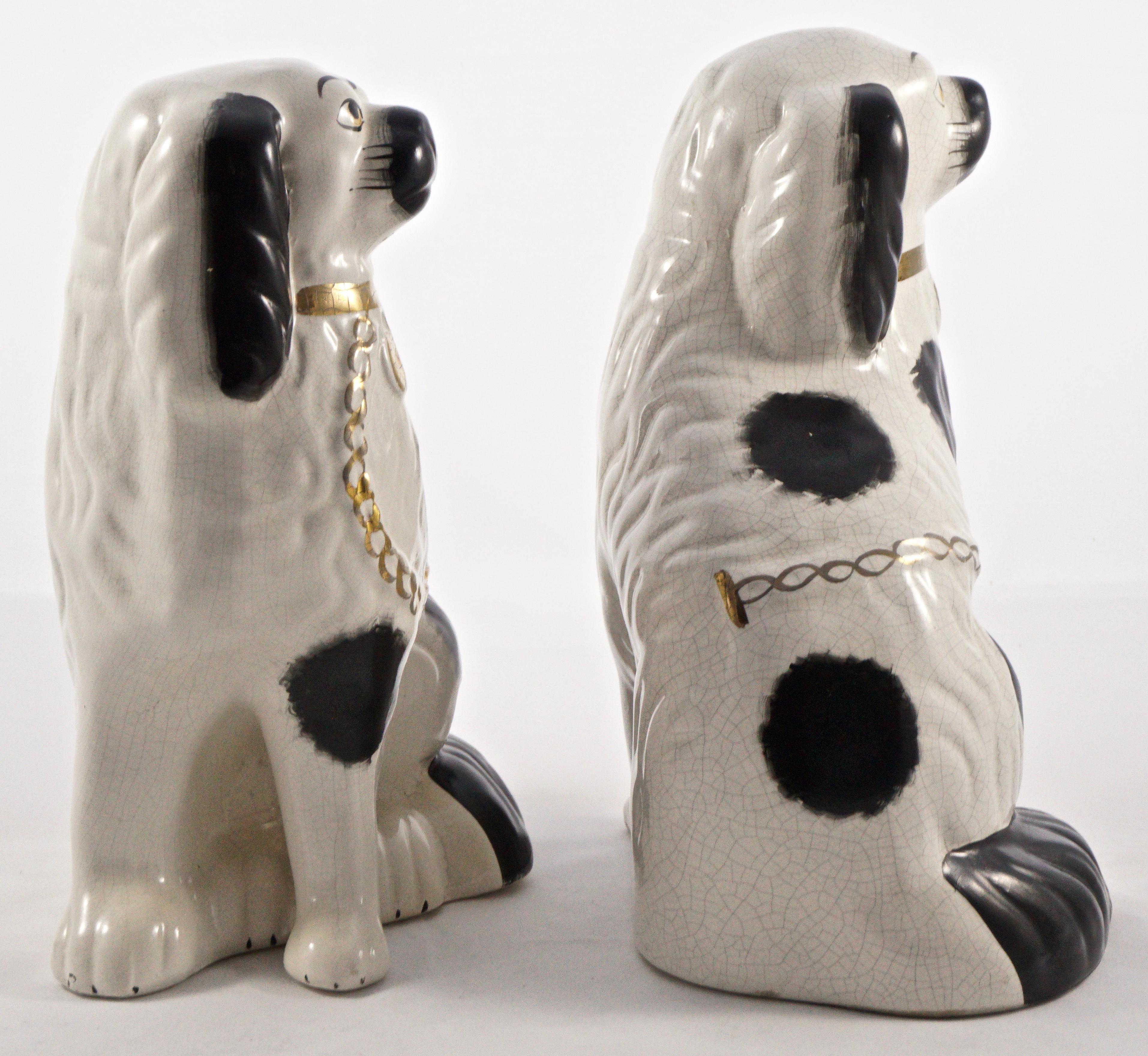 Women's or Men's Pair of Staffordshire Hand Painted Black and White Pottery Dog Figurines