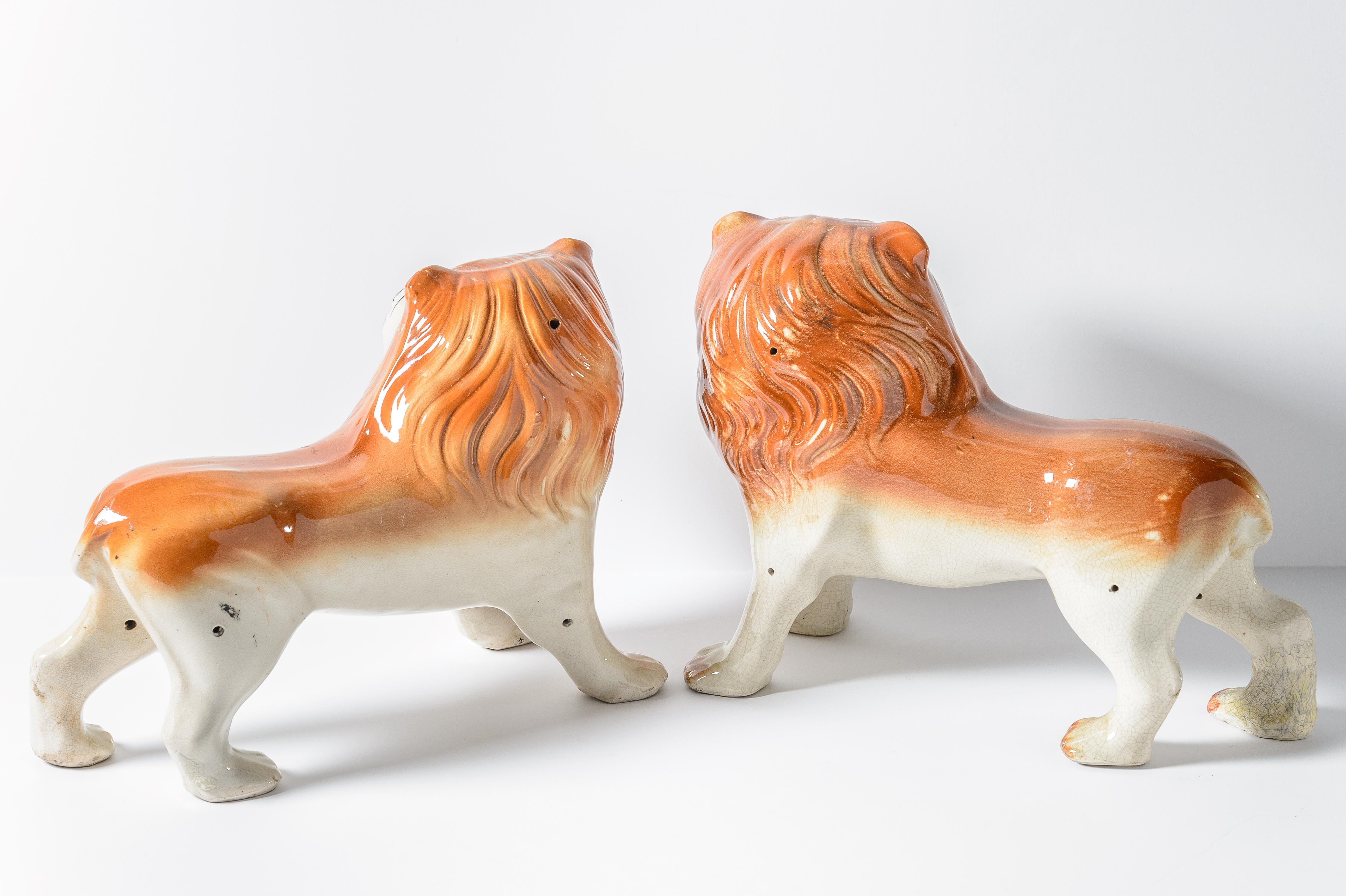 Hand-Crafted Pair of Staffordshire Lions Antique English, circa 1860
