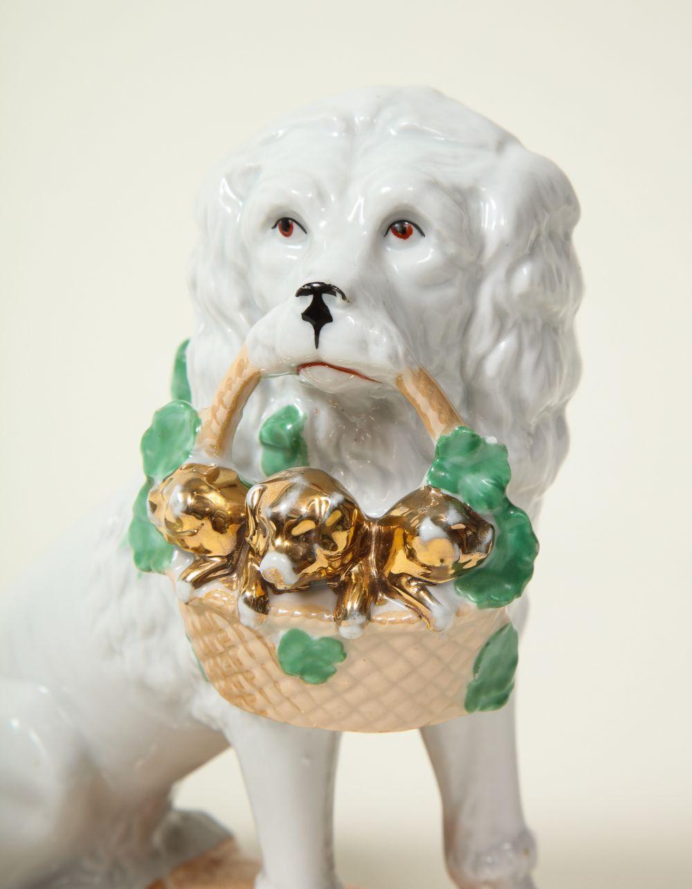 19th Century Pair of Staffordshire Porcelain Dogs with Gilt Basket of Pups For Sale