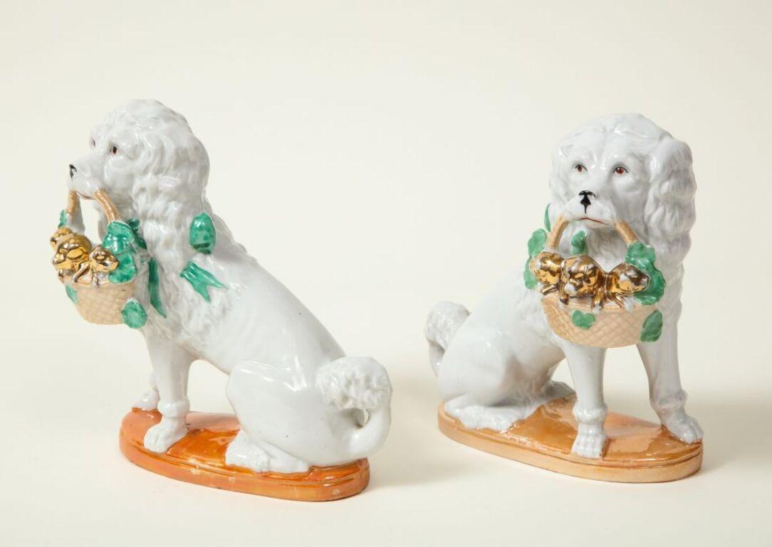 Pair of Staffordshire Porcelain Dogs with Gilt Basket of Pups For Sale 3
