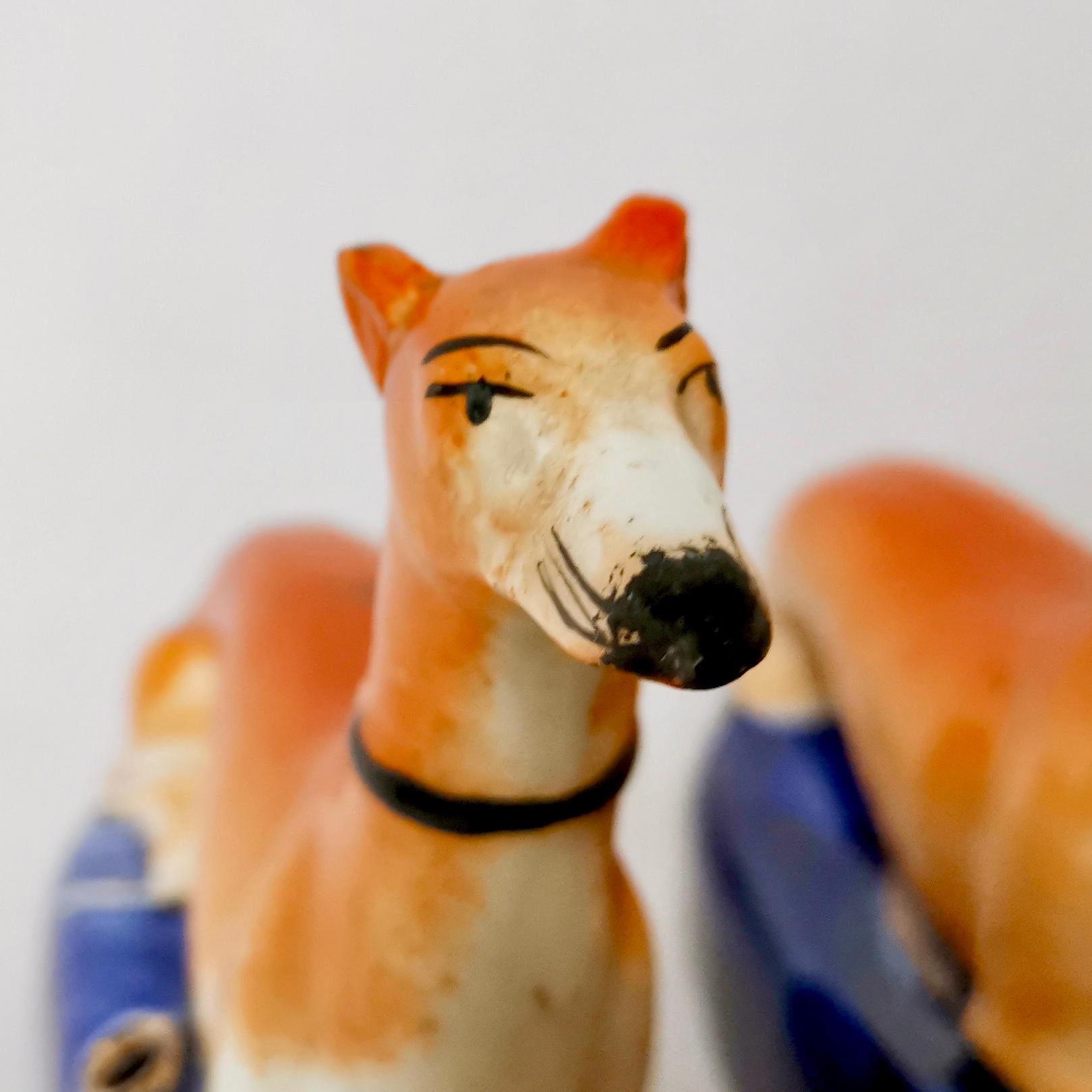 Hand-Painted Pair of Staffordshire Pottery Greyhound /Whippet Pen Holders, Early 19th Century