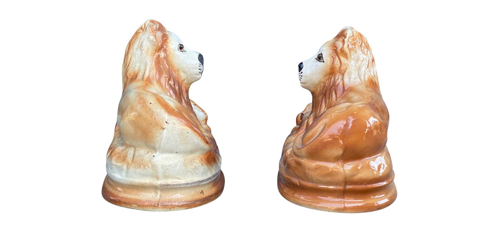 Victorian Pair of Staffordshire Pottery Lions