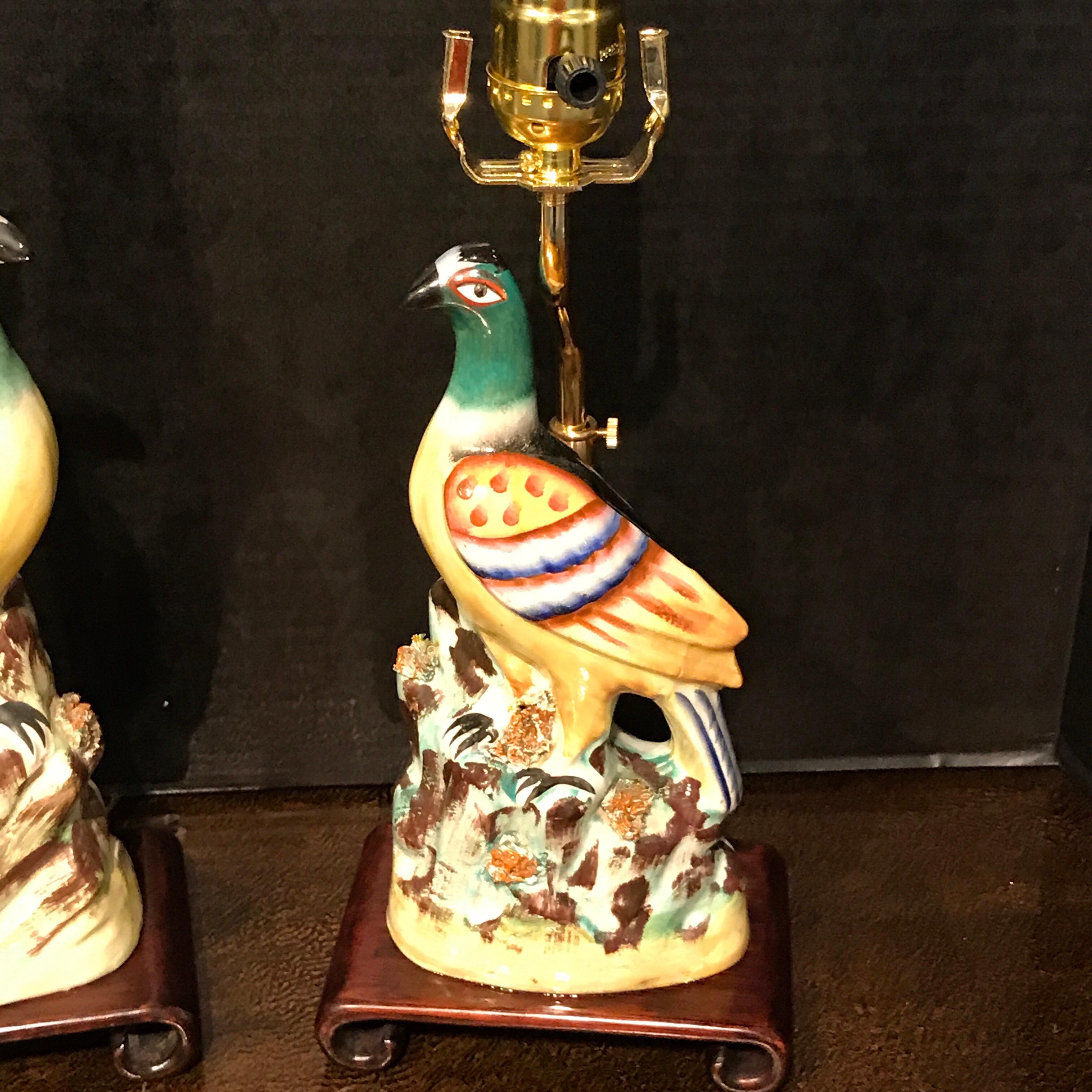 High Victorian Pair of Staffordshire Quail Figures, Now as Lamps