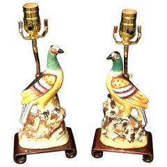 Antique Pair of Staffordshire Quail Figures, Now as Lamps