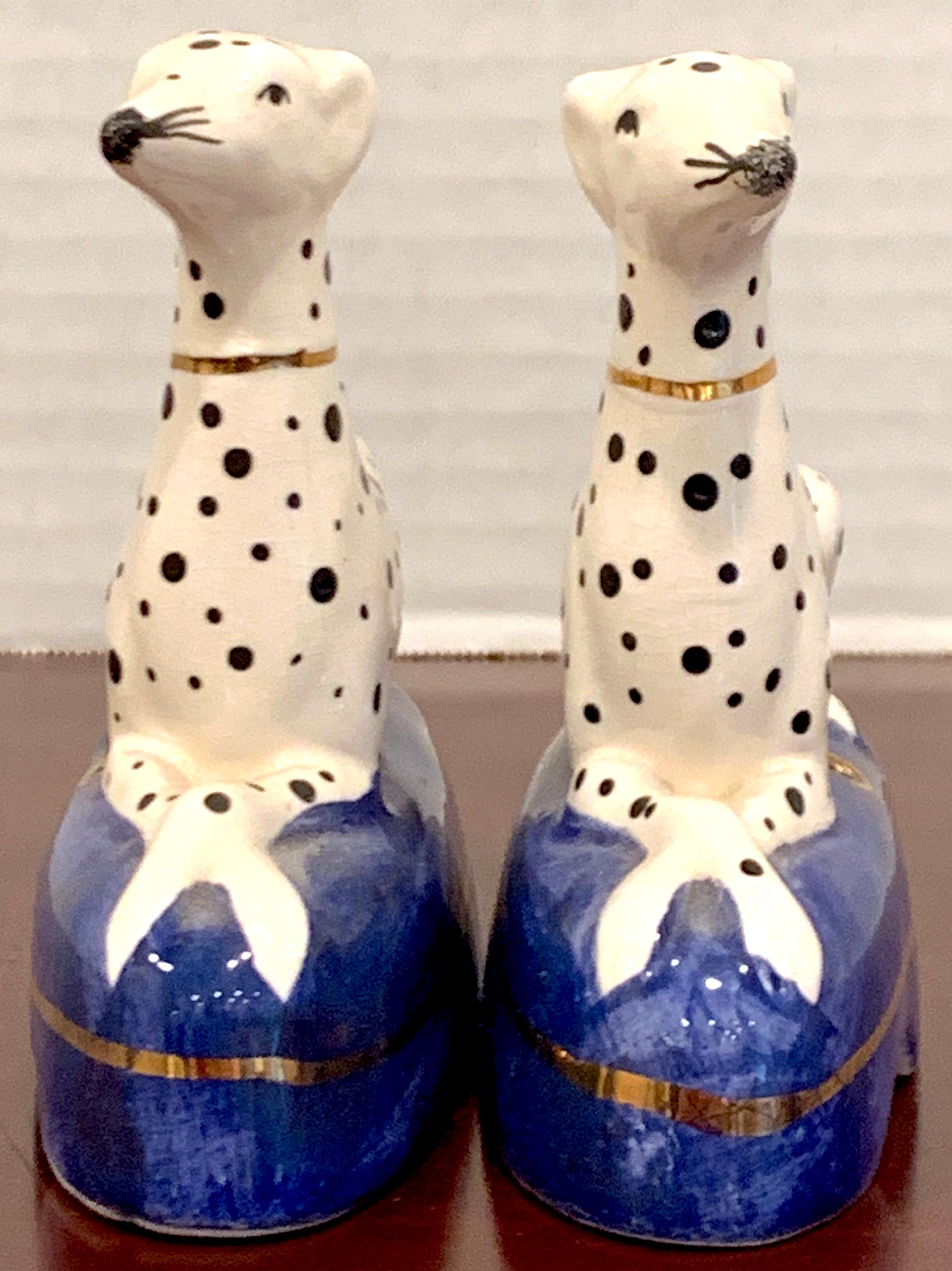 Gilt Pair of Staffordshire Seated Dalmatian Inkwells