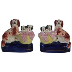 Pair of Staffordshire Spaniel and Pups in Wash Basket