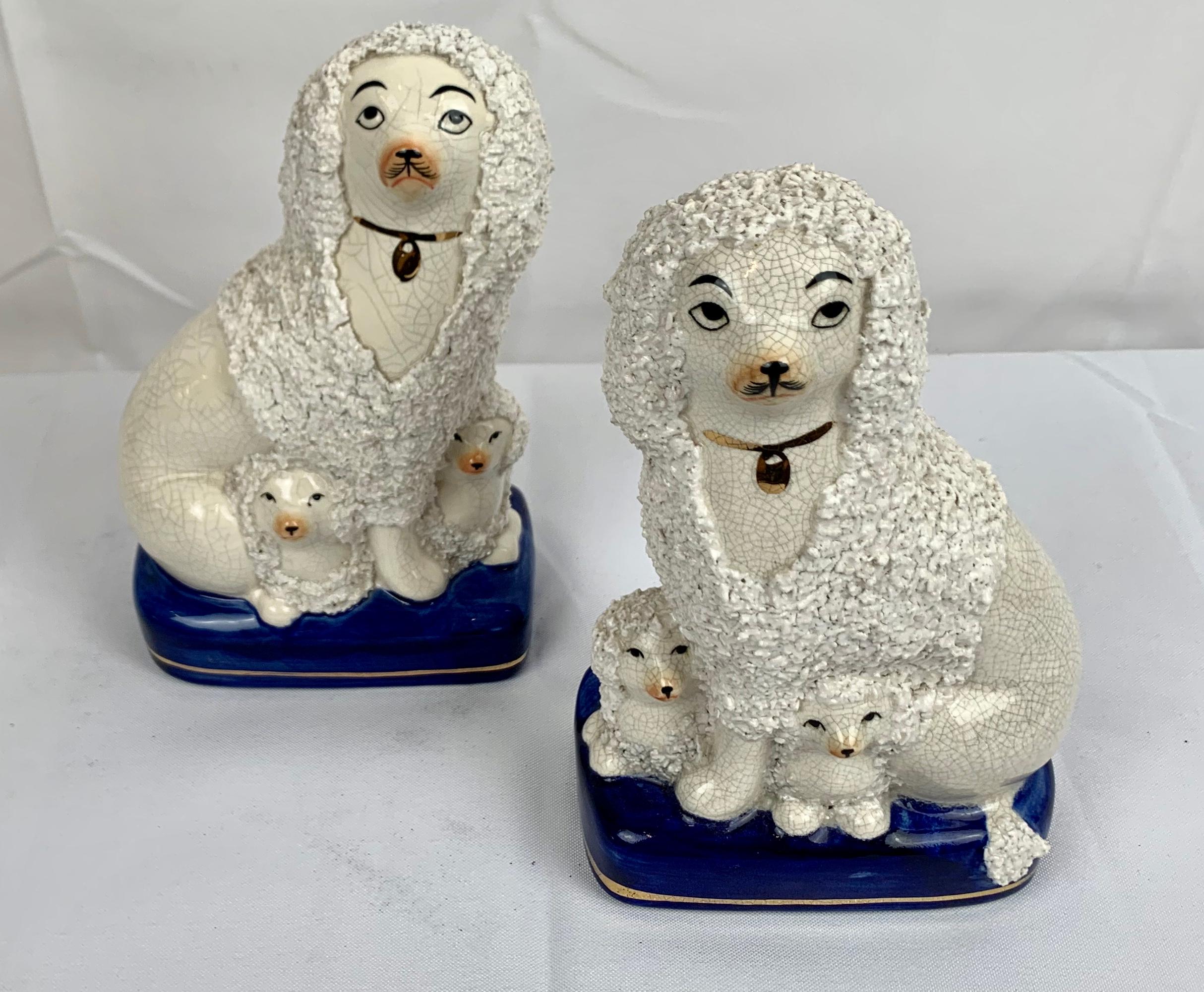 Pair of Staffordshire White Poodles on Cobalt Blue Bases 1