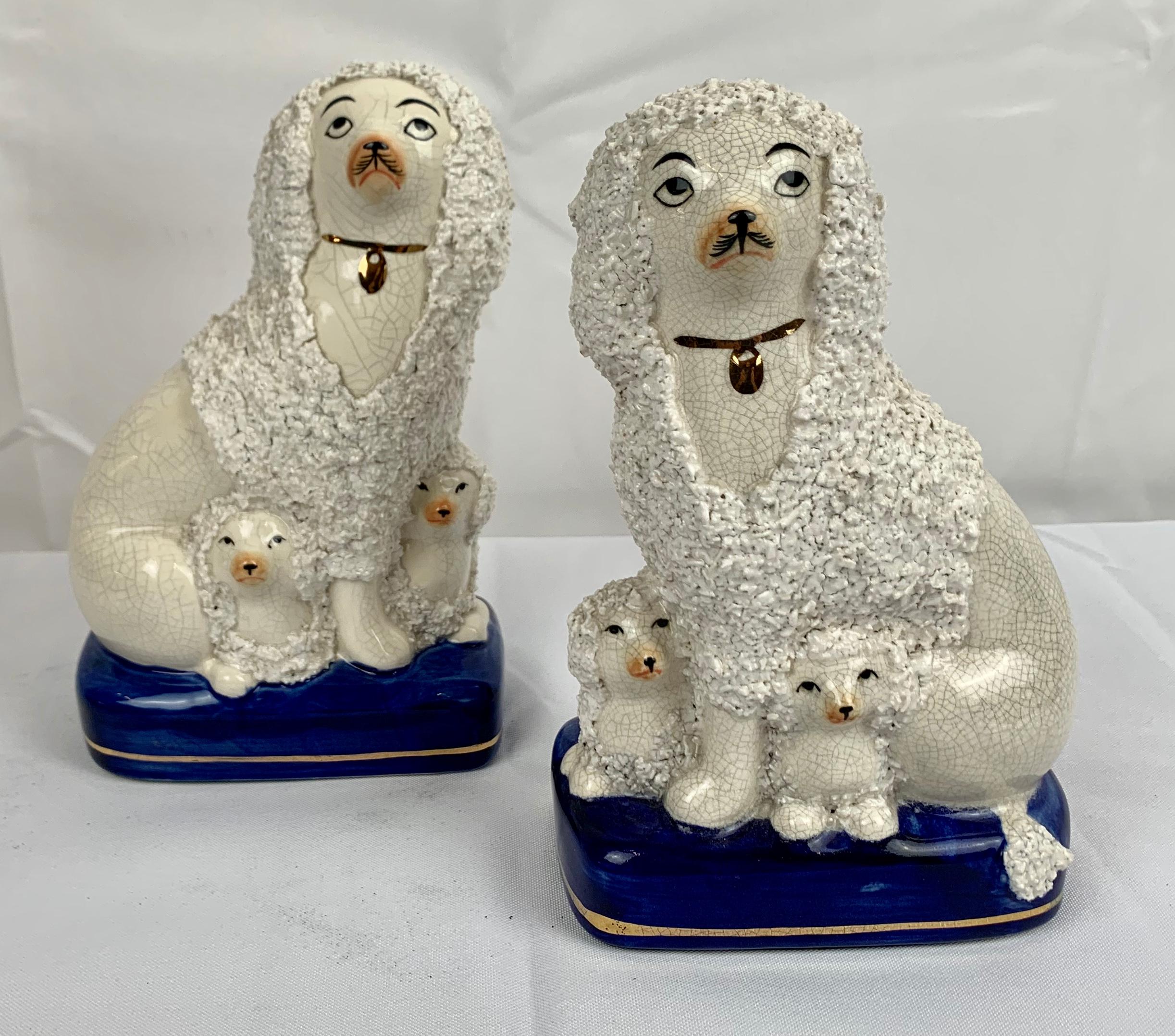 Pair of Staffordshire White Poodles on Cobalt Blue Bases In Good Condition In West Palm Beach, FL
