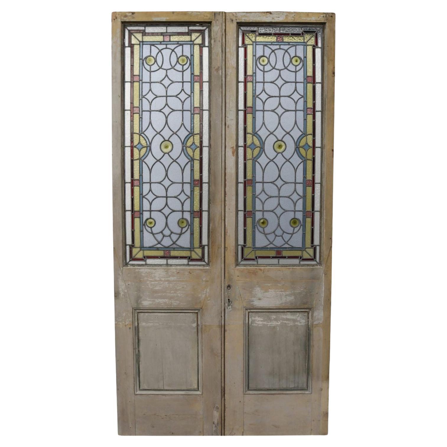 Pair of Stained Glass Antique Doors For Sale