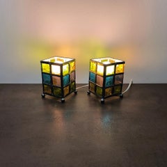 Pair of Stained Glass Lamps in Quadrangular Prism Form, Midcentury Modern