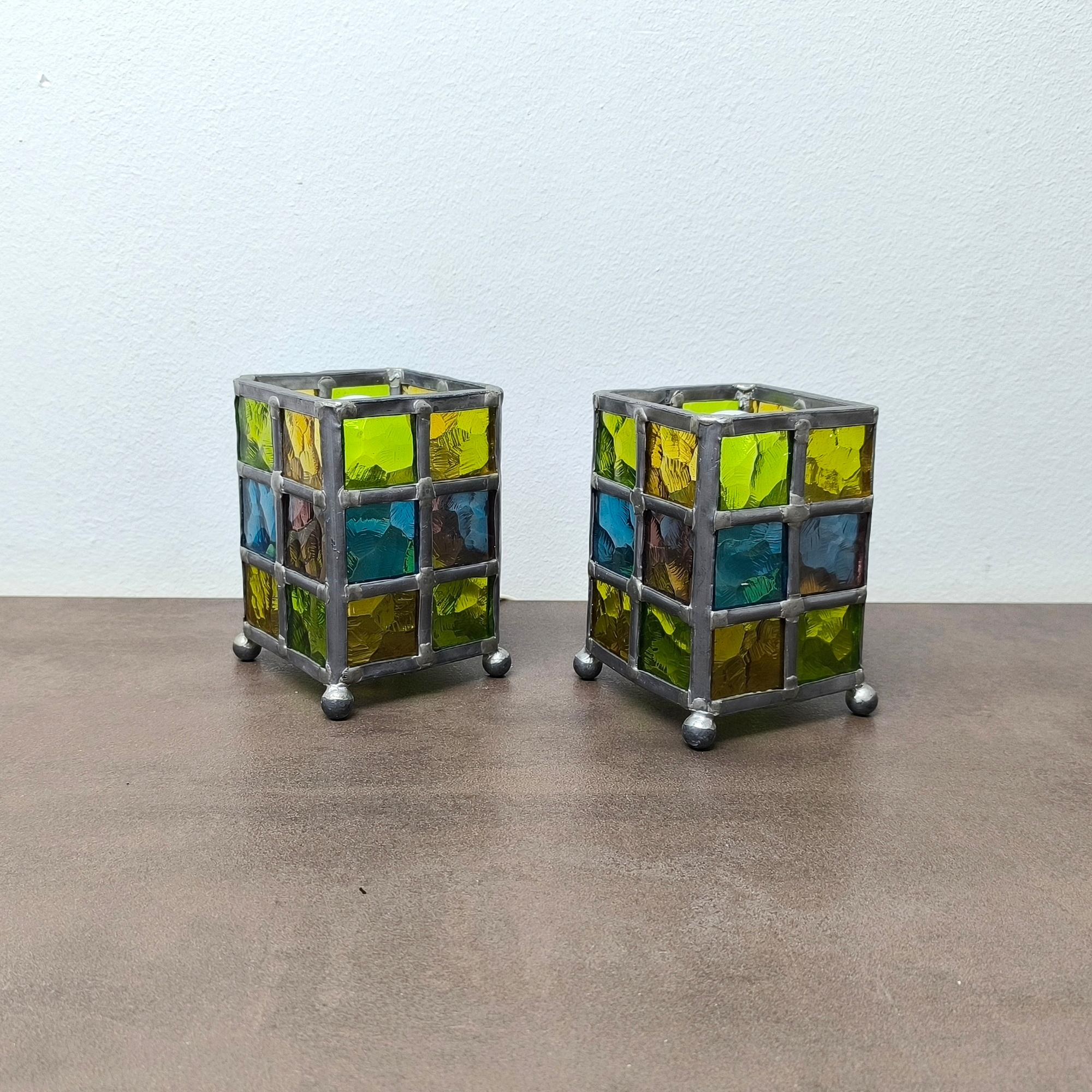 Pair of Stained Glass Lamps in Quadrangular Prism Form, Midcentury Modern In Good Condition For Sale In Bochum, NRW