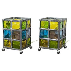 Pair of Stained Glass Lamps in Quadrangular Prism Form, Midcentury Modern