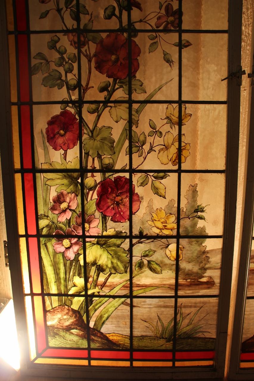 Pair of Stained Glass Painted Art Nouveau Signed 4