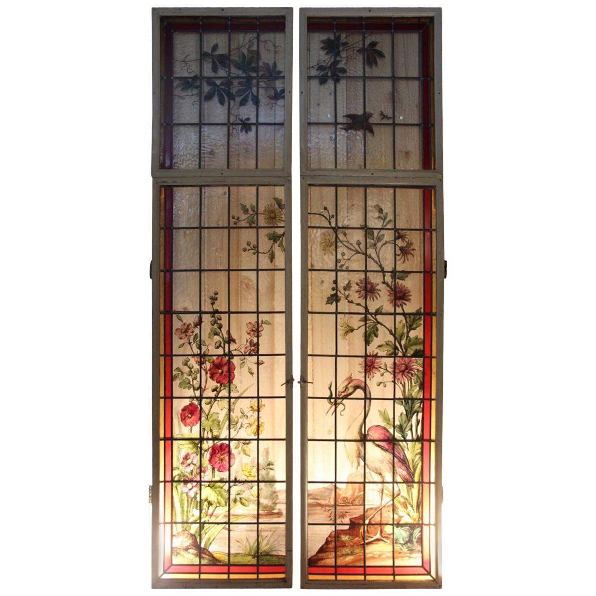 Pair of Stained Glass Painted Art Nouveau Signed