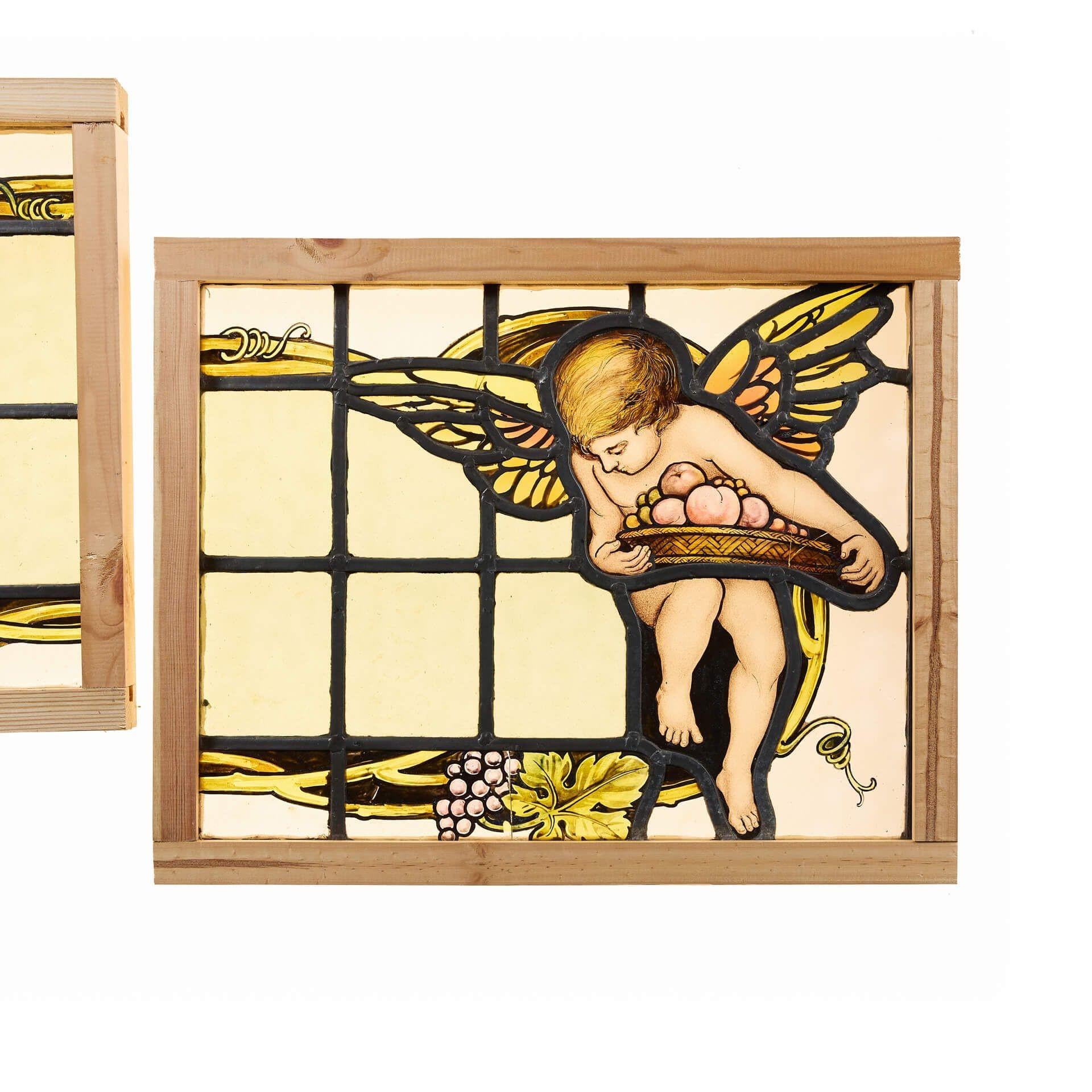 Arts and Crafts Pair of Stained Glass Panels of Putto For Sale