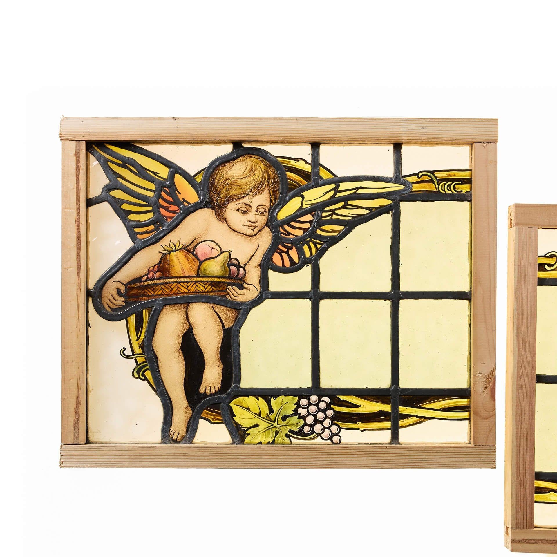 English Pair of Stained Glass Panels of Putto For Sale