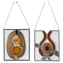 Antique Pair of Stained Glass Panels with Agate Slices - Circa 1980