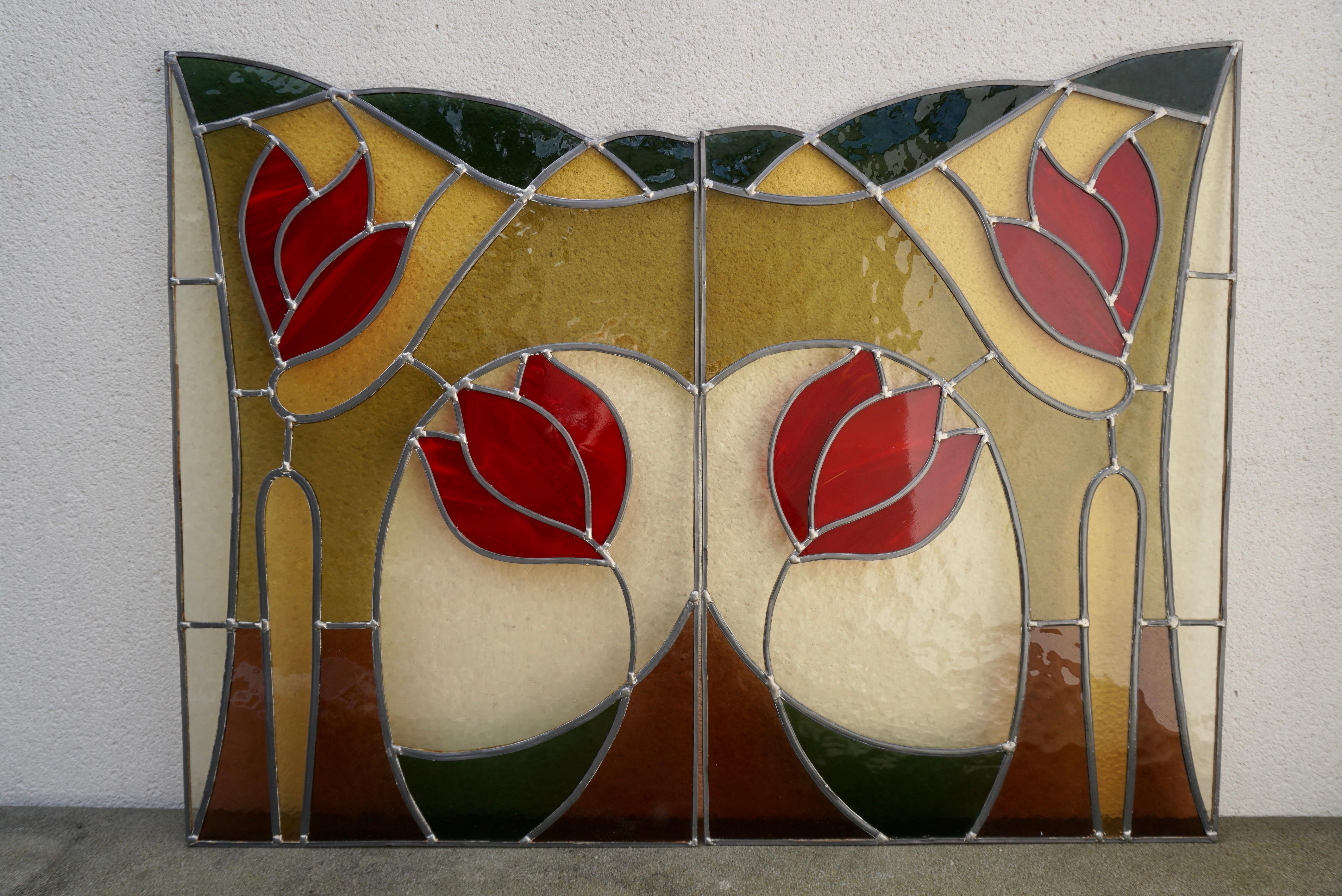 Pair of Stained Glass Window Panels with Red Tulips For Sale 5