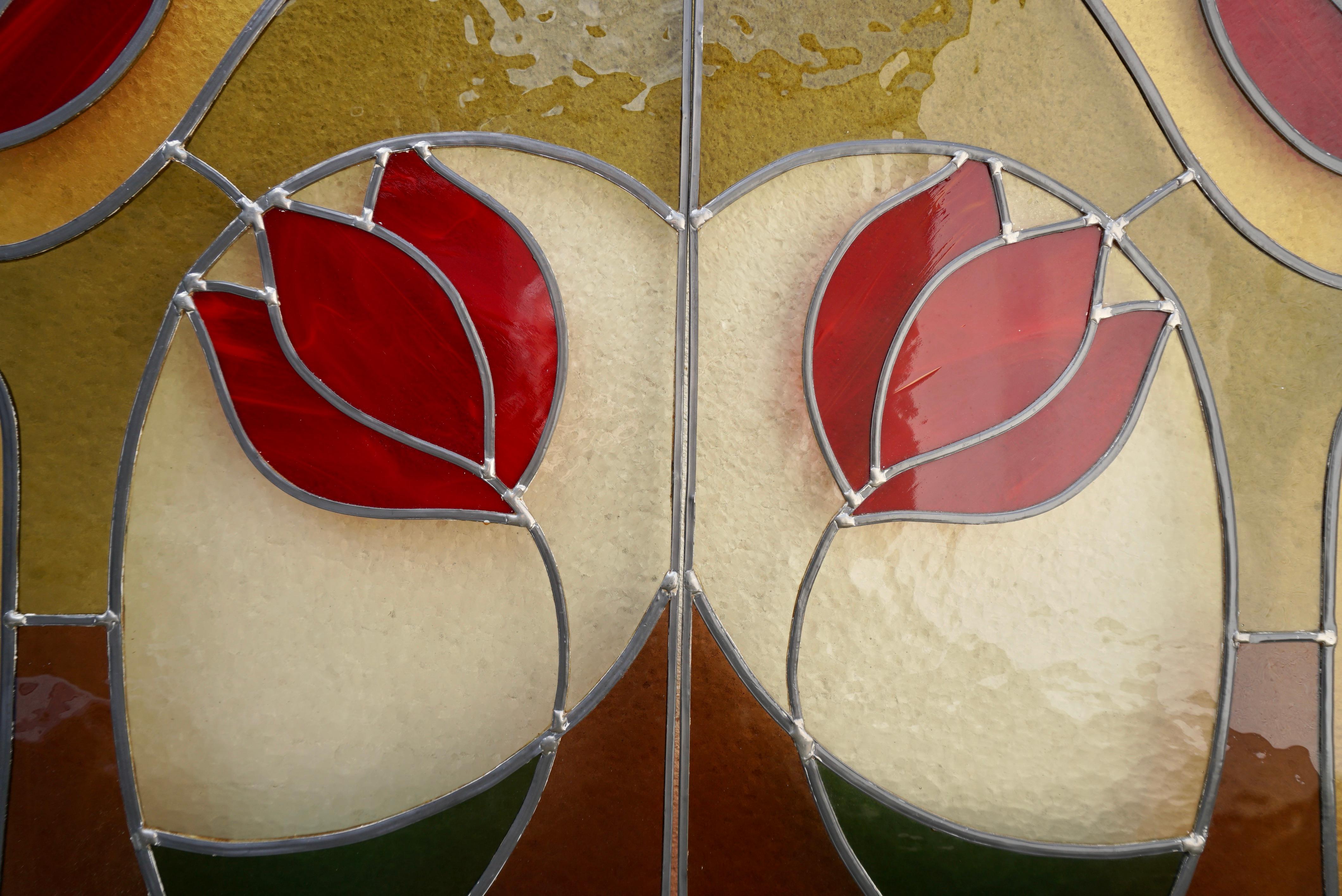Pair of Stained Glass Window Panels with Red Tulips For Sale 6