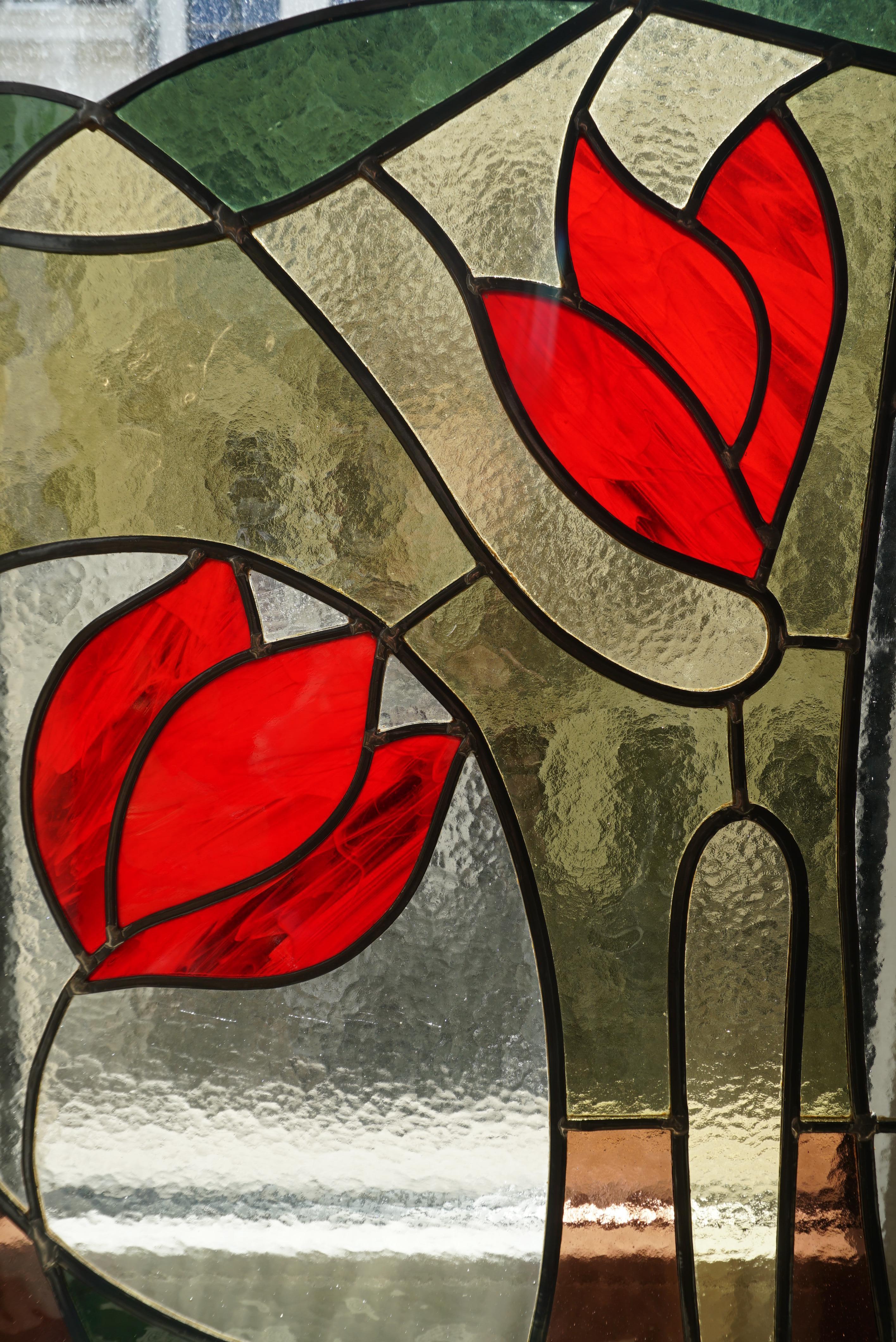 French Pair of Stained Glass Window Panels with Red Tulips For Sale