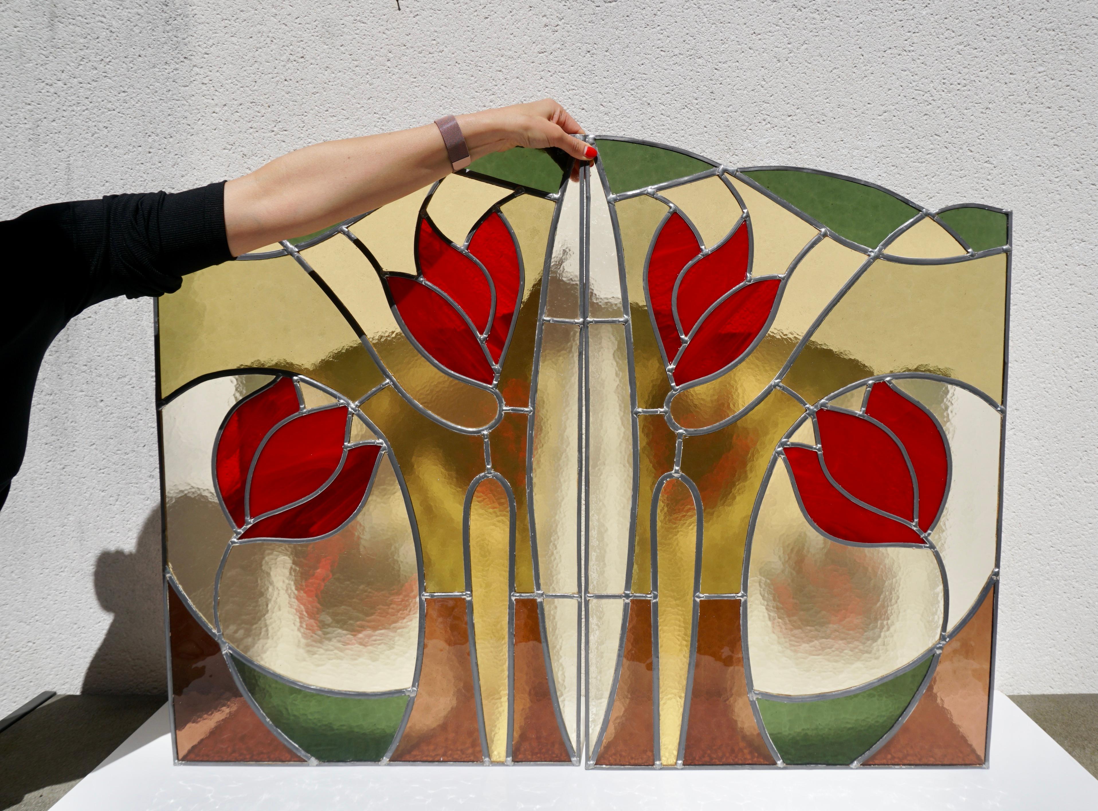 Pair of Stained Glass Window Panels with Red Tulips For Sale 2
