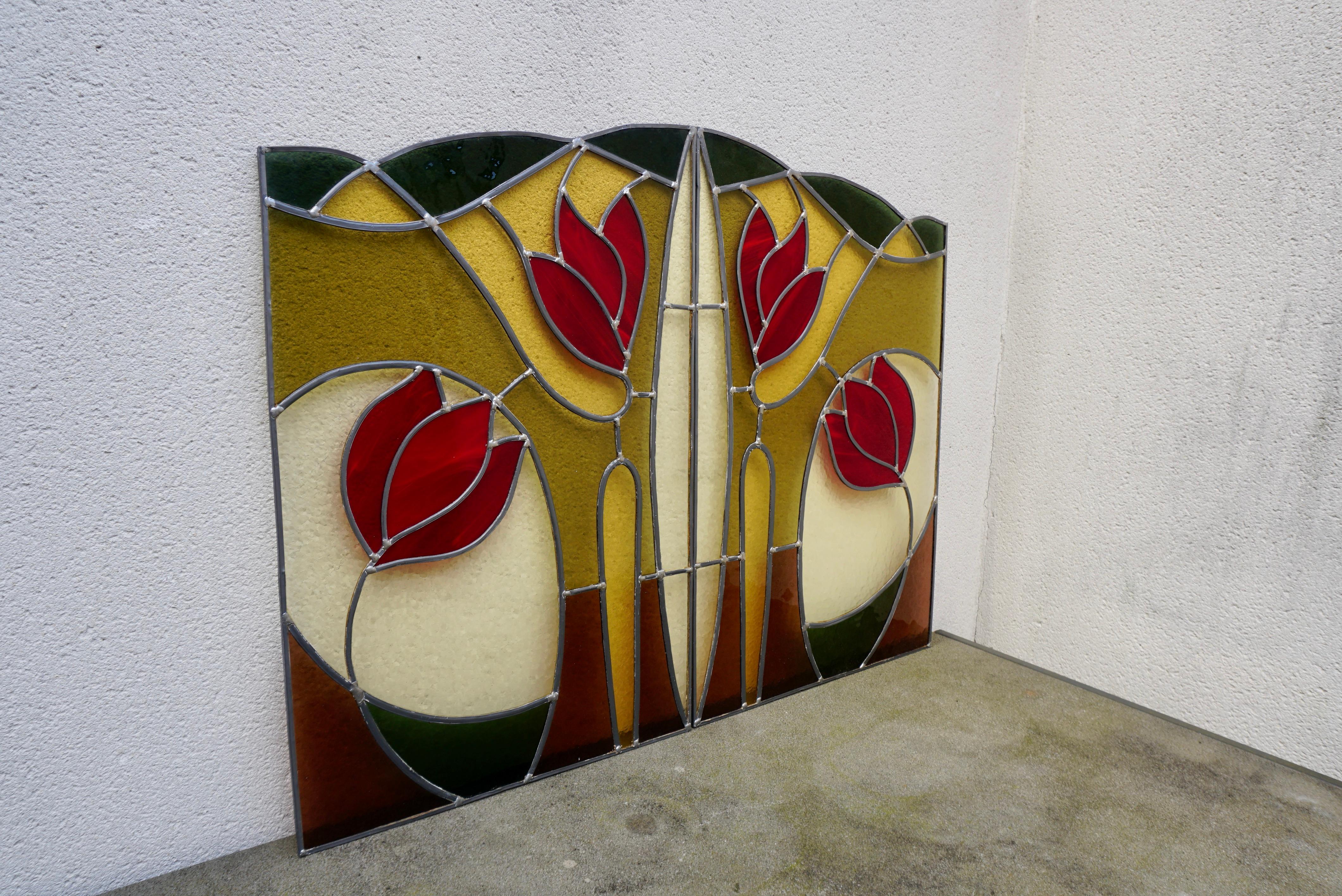 Pair of Stained Glass Window Panels with Red Tulips For Sale 3