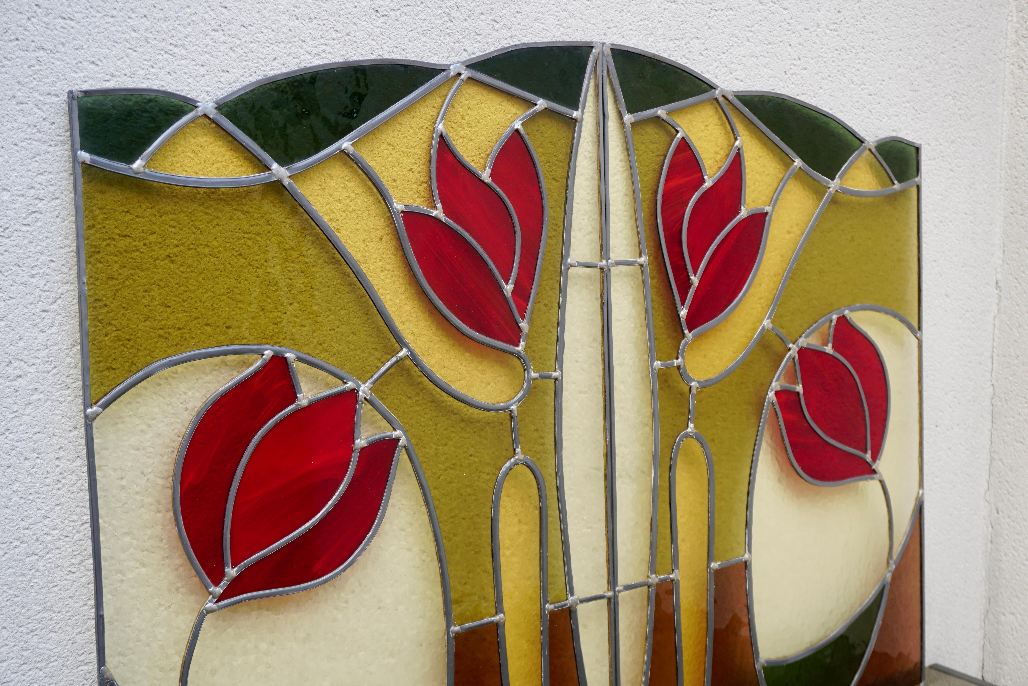 Pair of Stained Glass Window Panels with Red Tulips For Sale 4